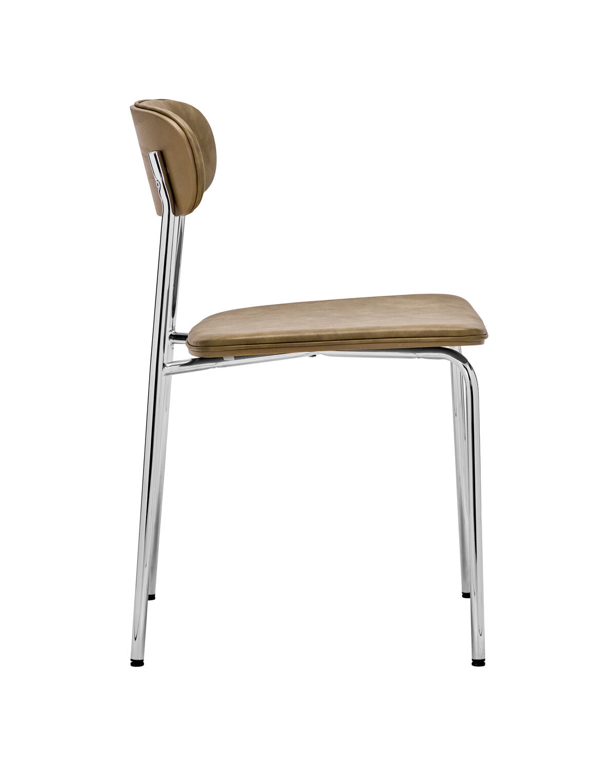 Moderner Stuhl in Khaki mit glänzendem Chromgestell, perfekt für stilvolle Einrichtung und gemütliche Essbereiche.
