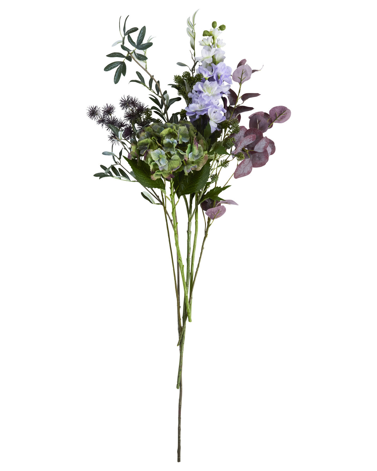 Strauss aus Kunstblumen mit violetten Blüten und grünem Laub, Polyethylen und Polyester