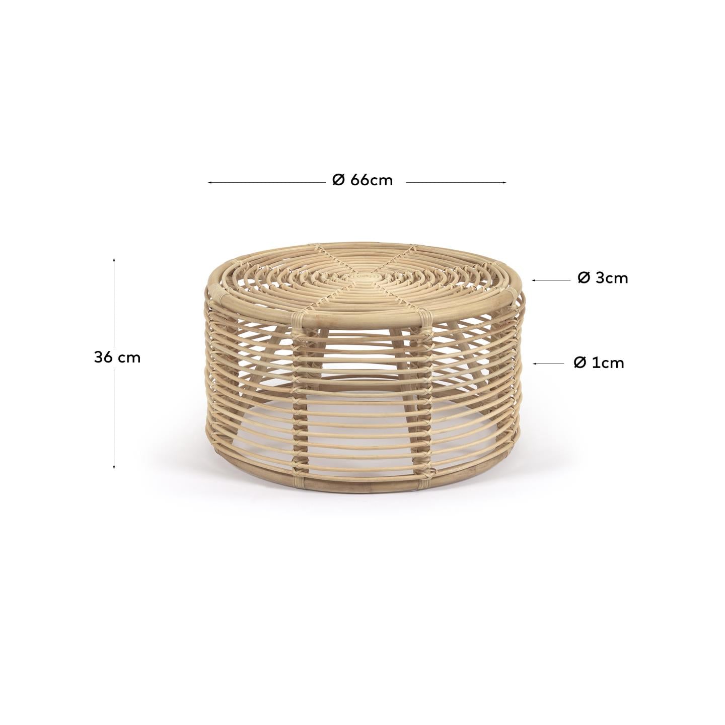 Runder Couchtisch aus natürlichem Rattan, Ø 66 cm, von Kave Home. Stilvolles Design für ein gemütliches Wohnambiente.