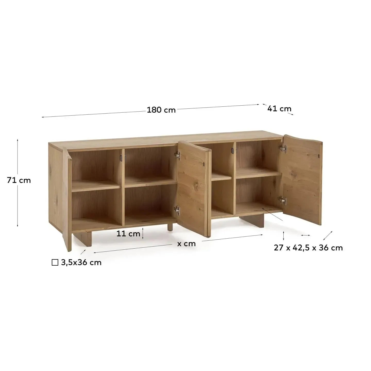 Das Rasha Sideboard von Kave Home, 180x71 cm, aus Eichenfurnier mit natürlichem Finish, bietet stilvollen Stauraum mit vier Türen.
