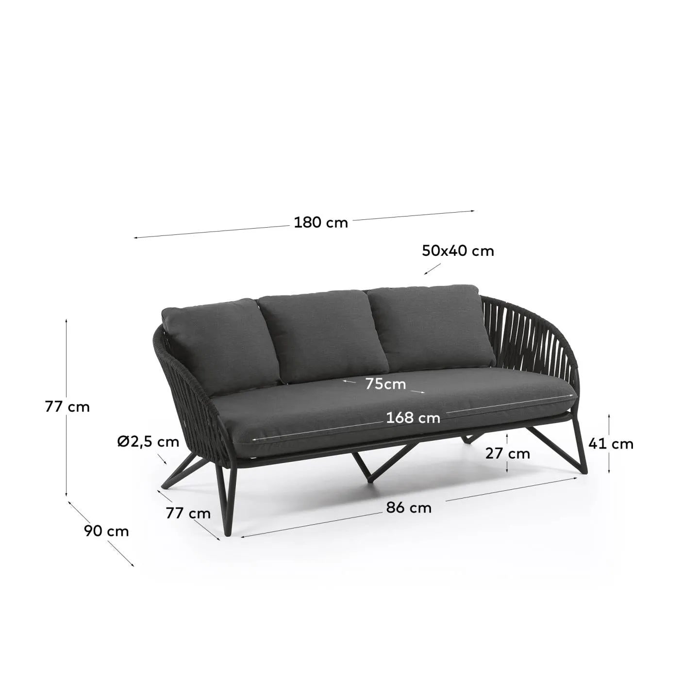 Elegantes 3-Sitzer-Sofa mit schwarzem Seilgeflecht und Metallgestell, ideal für stilvolle Innen- und Außenbereiche.