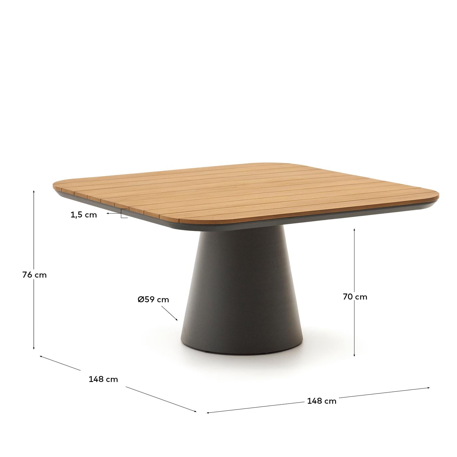 Eleganter Outdoor-Tisch aus Aluminium mit grauem Finish und FSC-Teakholz, 148x148 cm, ideal für Terrasse oder Garten.