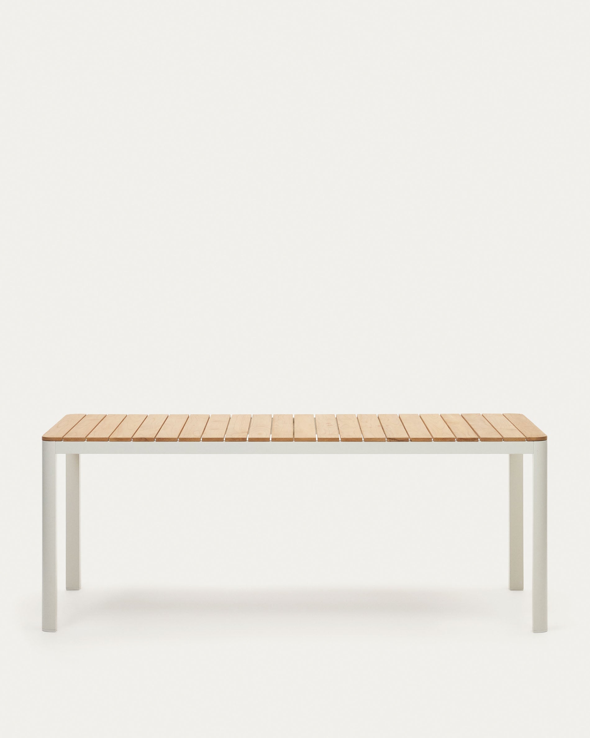 Moderner Outdoor-Tisch aus massivem Teakholz und weißem Aluminium, 200x100 cm, ideal für stilvolle Außenbereiche.