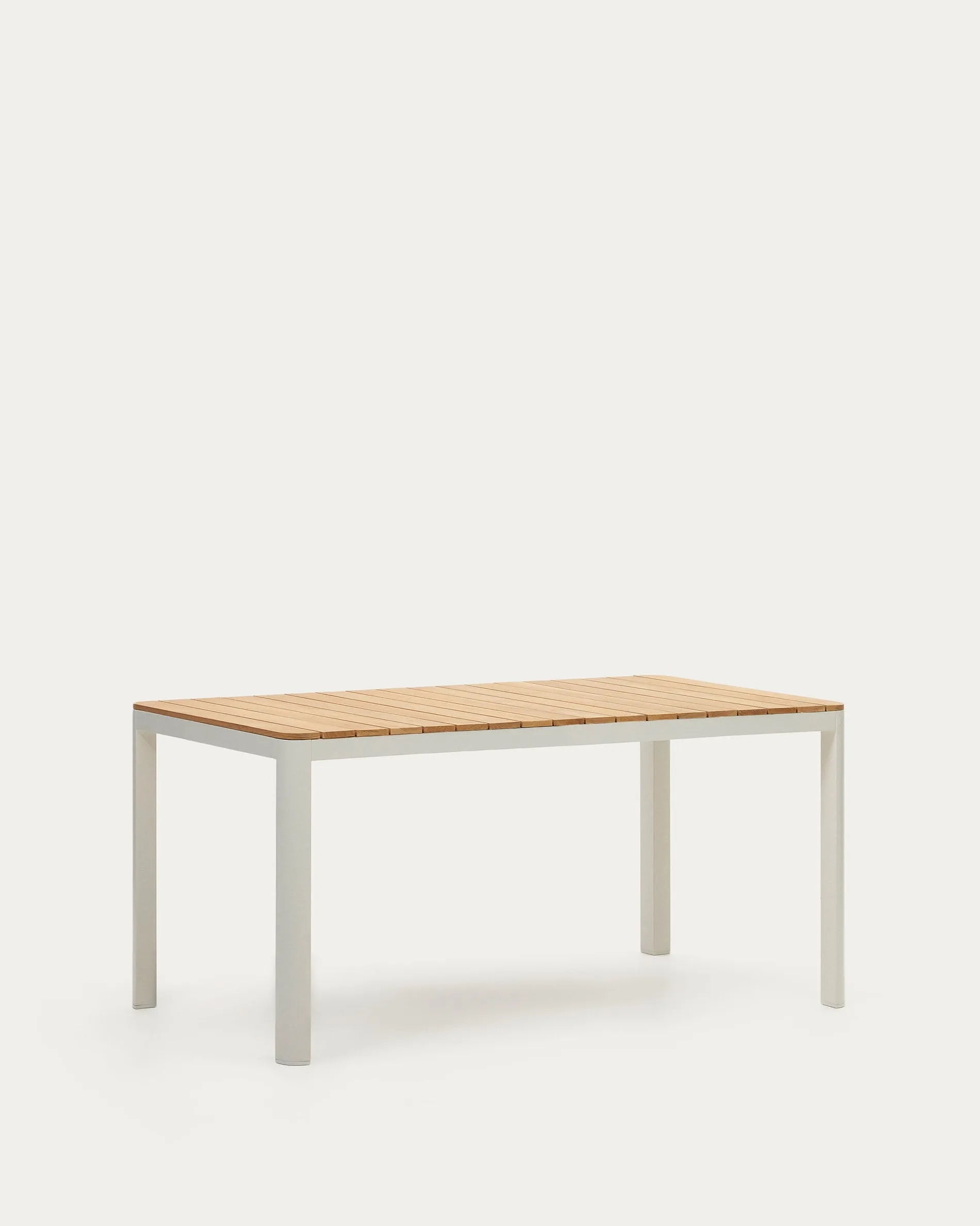 Moderner Outdoor-Tisch aus massivem Teakholz und weißem Aluminium, 160x90 cm, ideal für Garten, Terrasse, wetterfest und stilvoll.