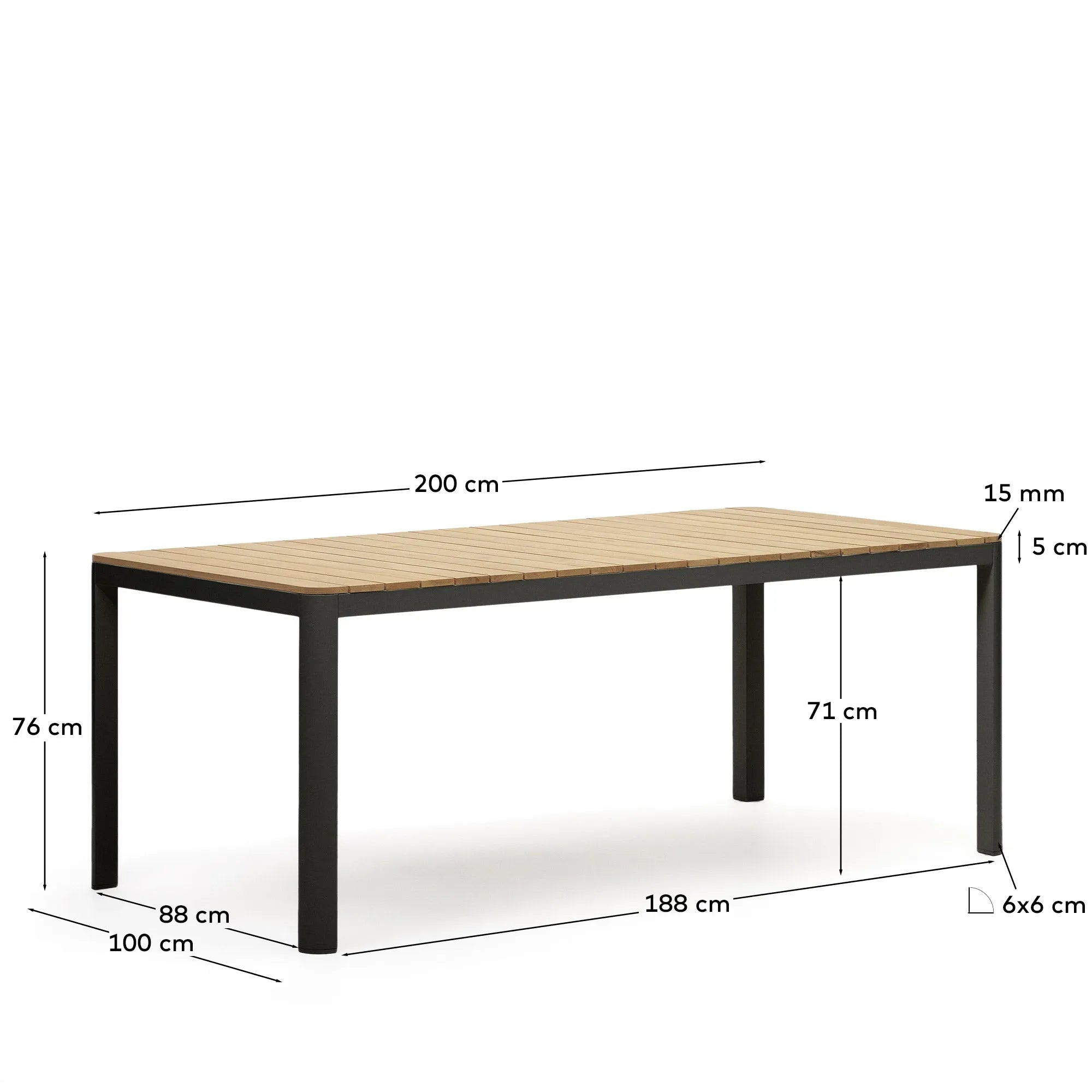 Moderner Outdoor-Tisch aus robustem Teakholz und schwarzem Aluminium, 200x100 cm, ideal für stilvolle Außenbereiche.