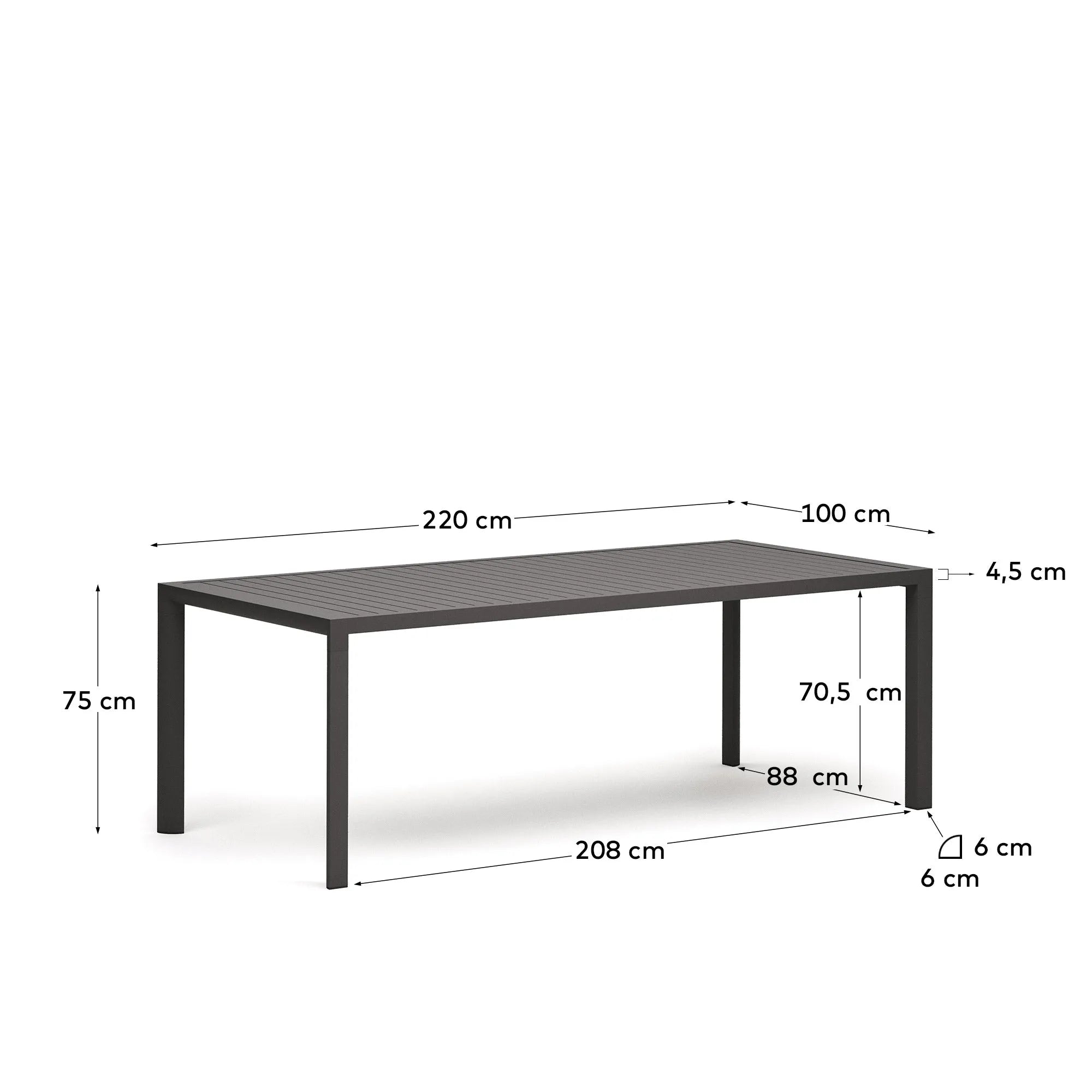 Eleganter Gartentisch aus Aluminium mit grauem Finish, 220x100 cm, langlebig und modern, perfekt für Terrasse oder Garten.