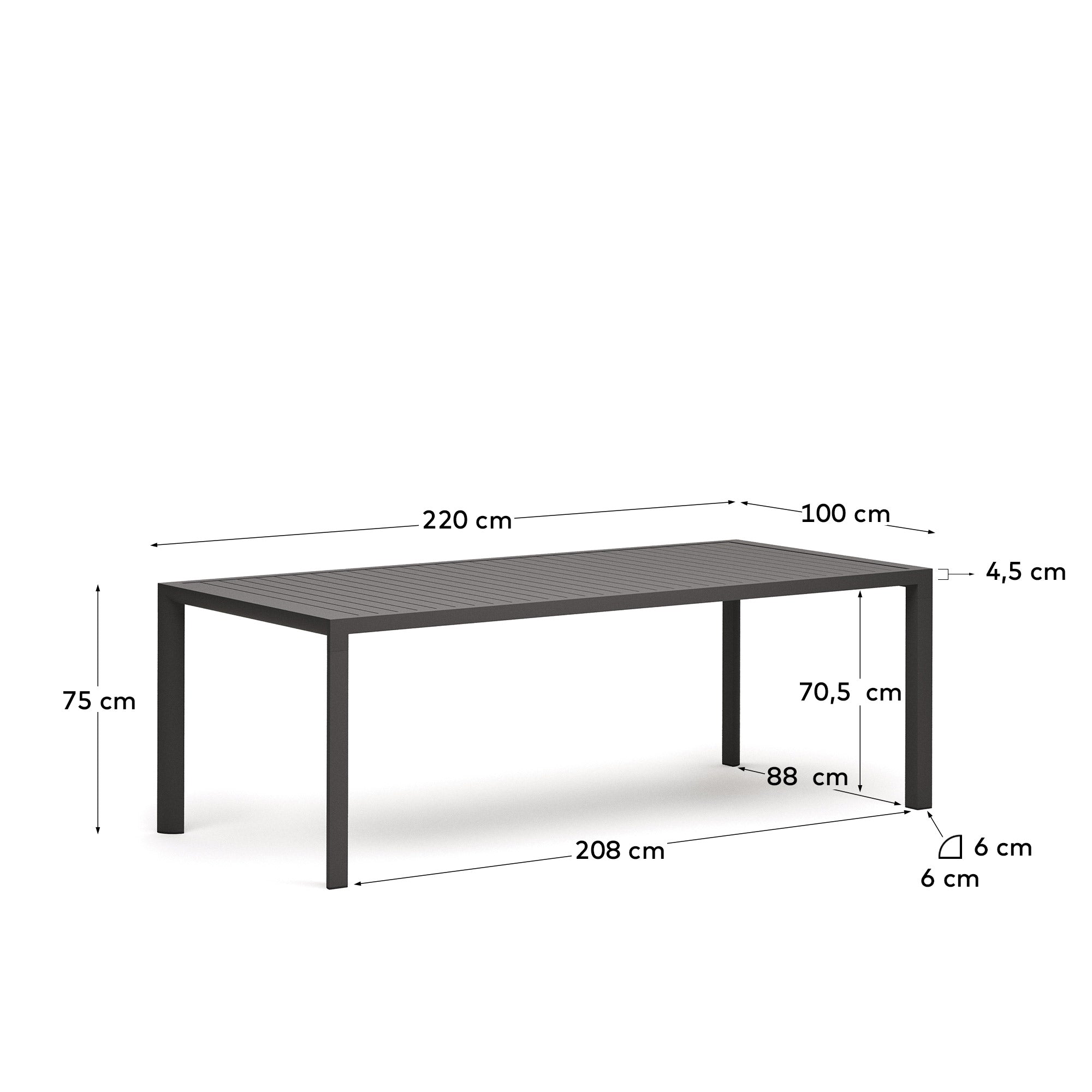 Moderner Gartentisch aus Aluminium, graues Finish, 220x100 cm, robust und stilvoll, ideal für Garten oder Terrasse.