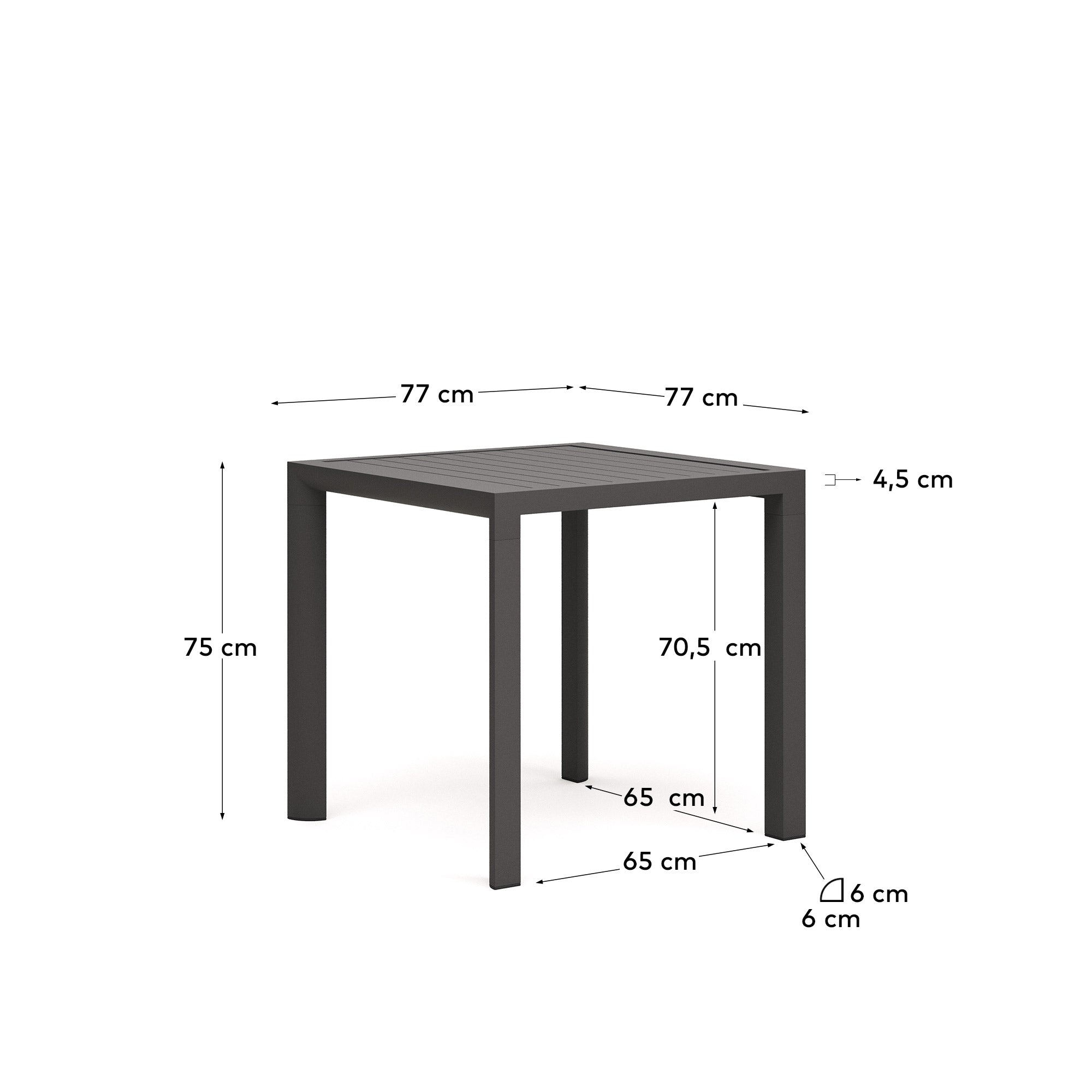 Moderner Gartentisch aus Aluminium, 77x77 cm, graues Finish, wetterfest, pflegeleicht, ideal für Terrasse oder Balkon.