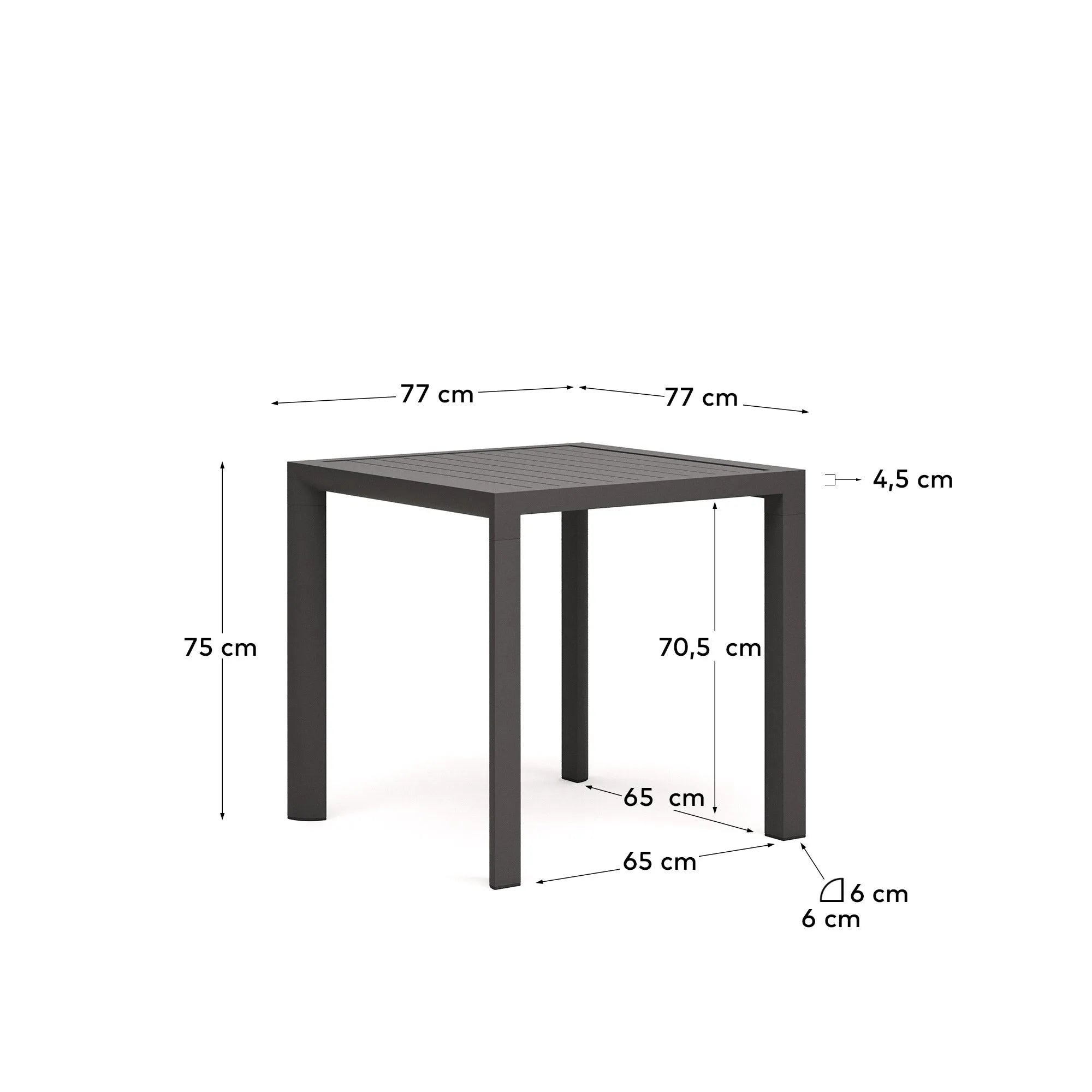 Eleganter Gartentisch aus Aluminium, graues Finish, 77 x 77 cm, perfekt für moderne Außenbereiche, von Kave Home.