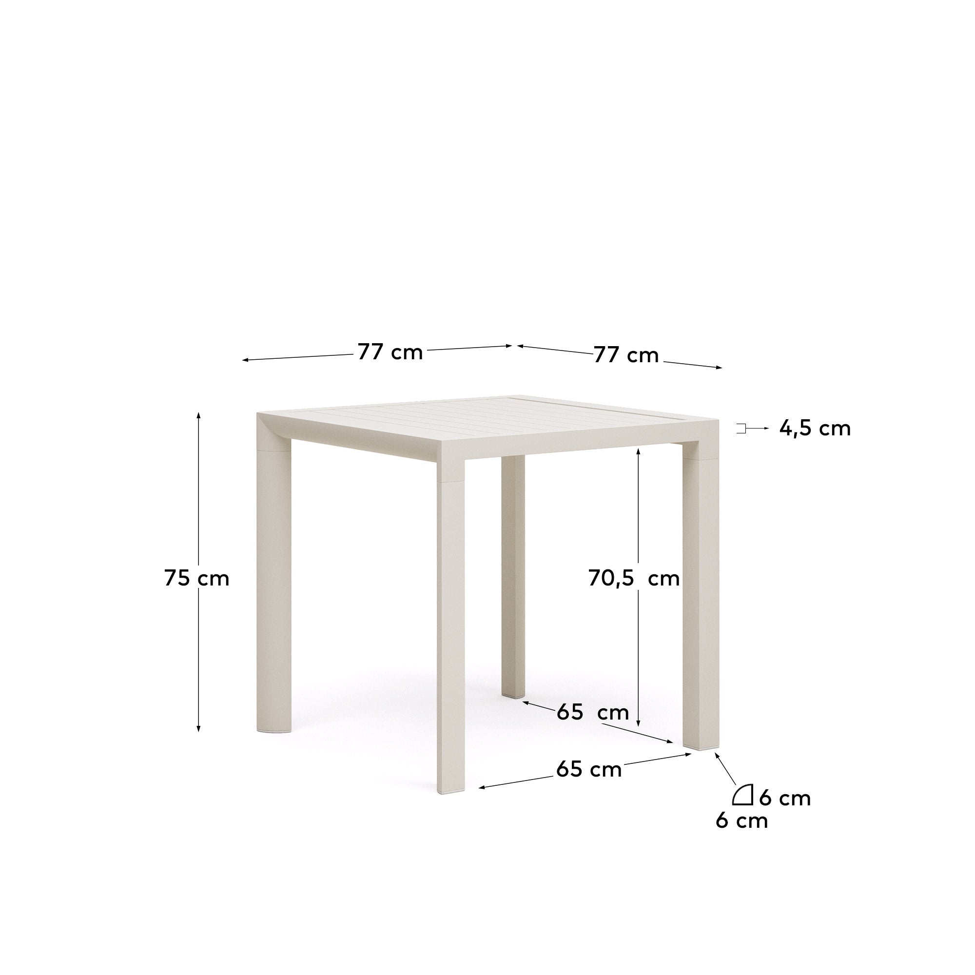 Eleganter, wetterfester Aluminiumtisch in Weiß, ideal für Terrasse oder Balkon, 77x77 cm, pflegeleicht und stilvoll.