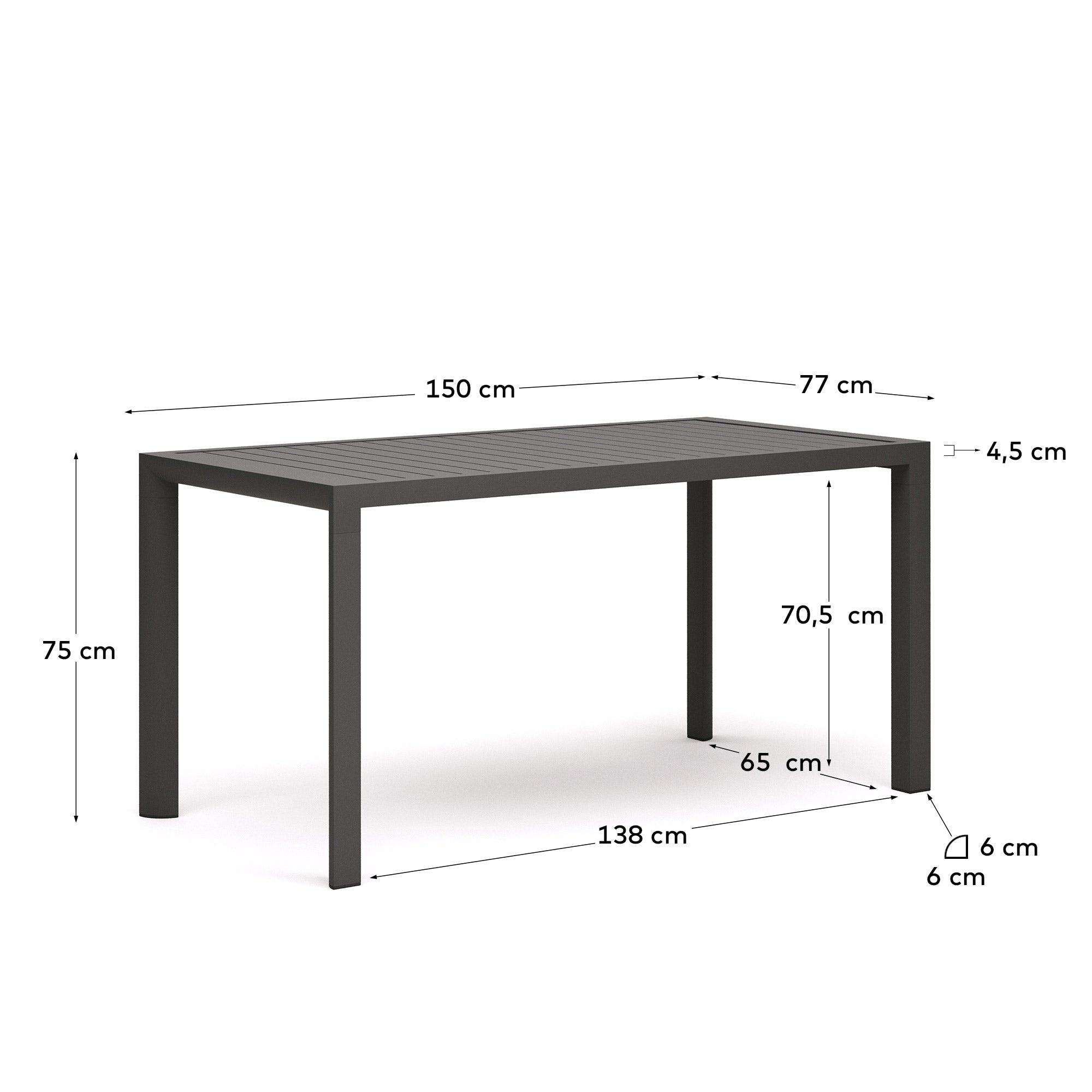 Eleganter, wetterfester Aluminiumtisch in Grau, ideal für Terrasse oder Garten, 150x77 cm.