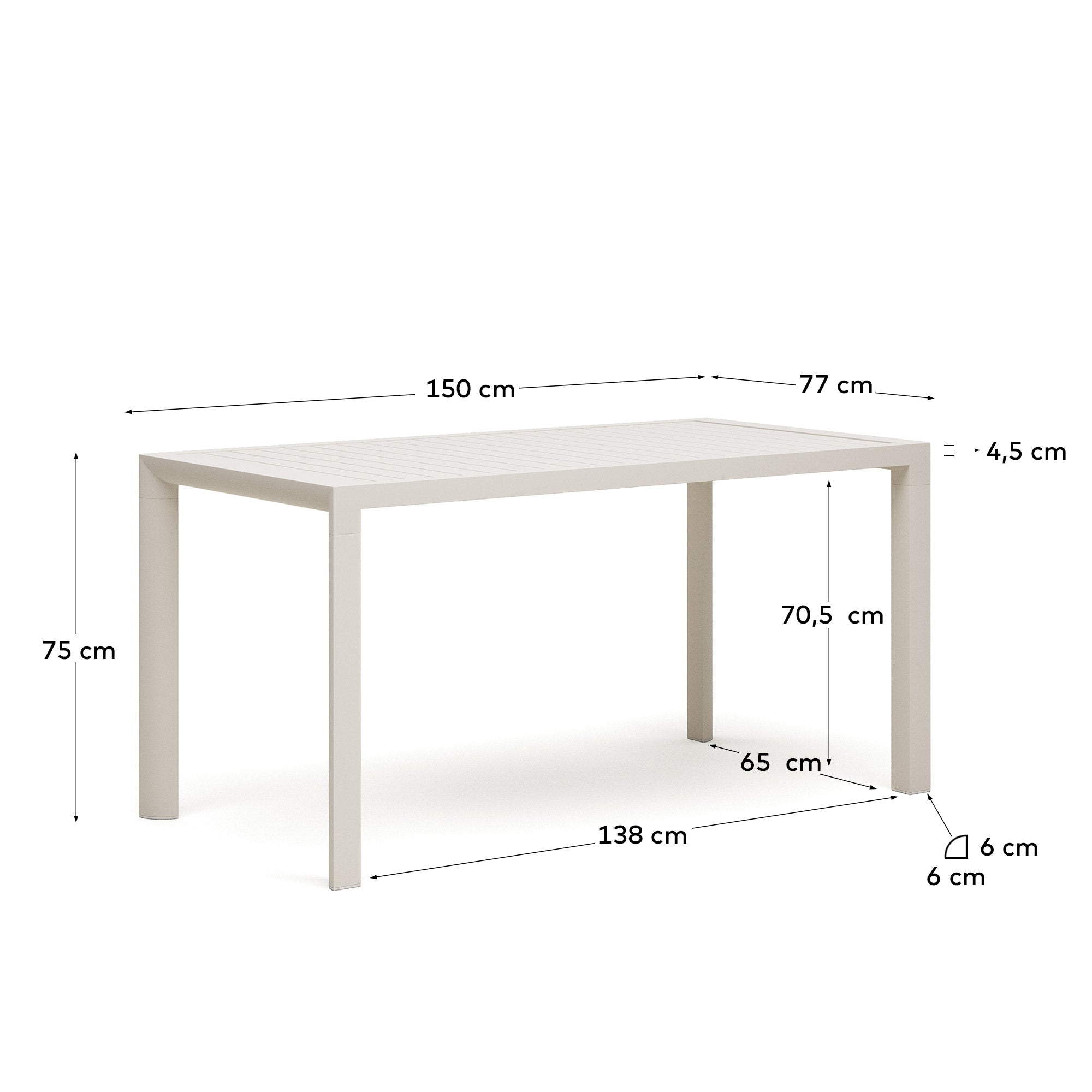 Moderner, robuster Gartentisch aus Aluminium, 150x77 cm, weißes Finish, ideal für stilvolle Außenbereiche.