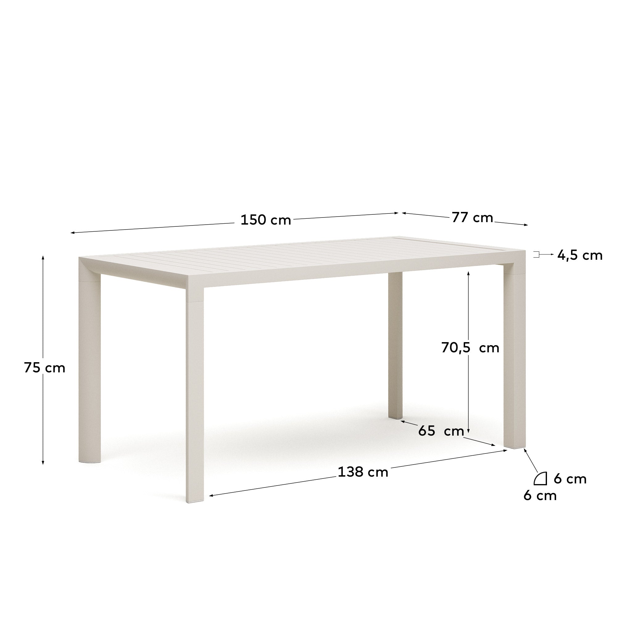 Eleganter Gartentisch Culip aus Aluminium mit weißem Finish, 150x77 cm, perfekt für moderne Terrassen und Gärten, von Kave Home.