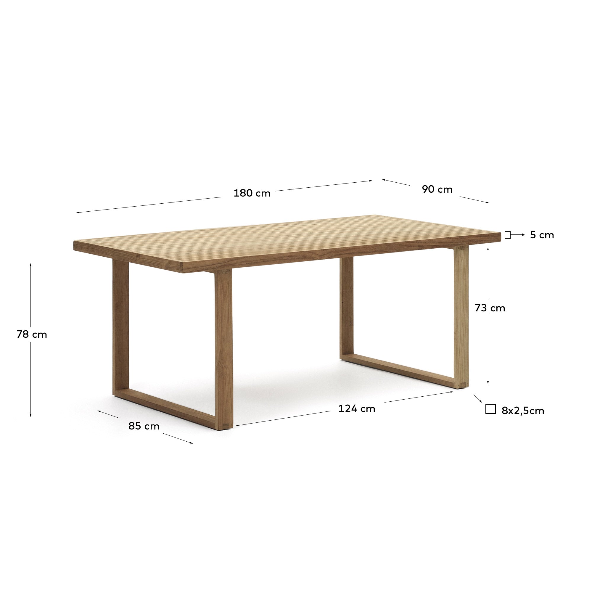 Massiver Outdoor-Tisch aus recyceltem Teakholz, 180x90 cm, langlebig, umweltfreundlich, perfekt für Garten oder Terrasse, von Kave Home.