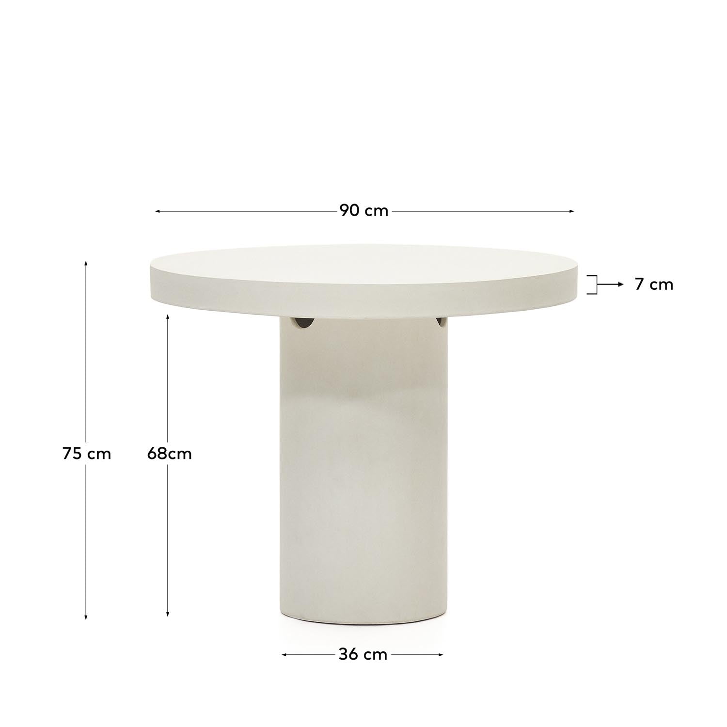 Eleganter runder Tisch aus weißem Zement Ø 90 cm von Kave Home – ideal für Garten und Balkon, robust und wetterfest für gesellige Momente.
