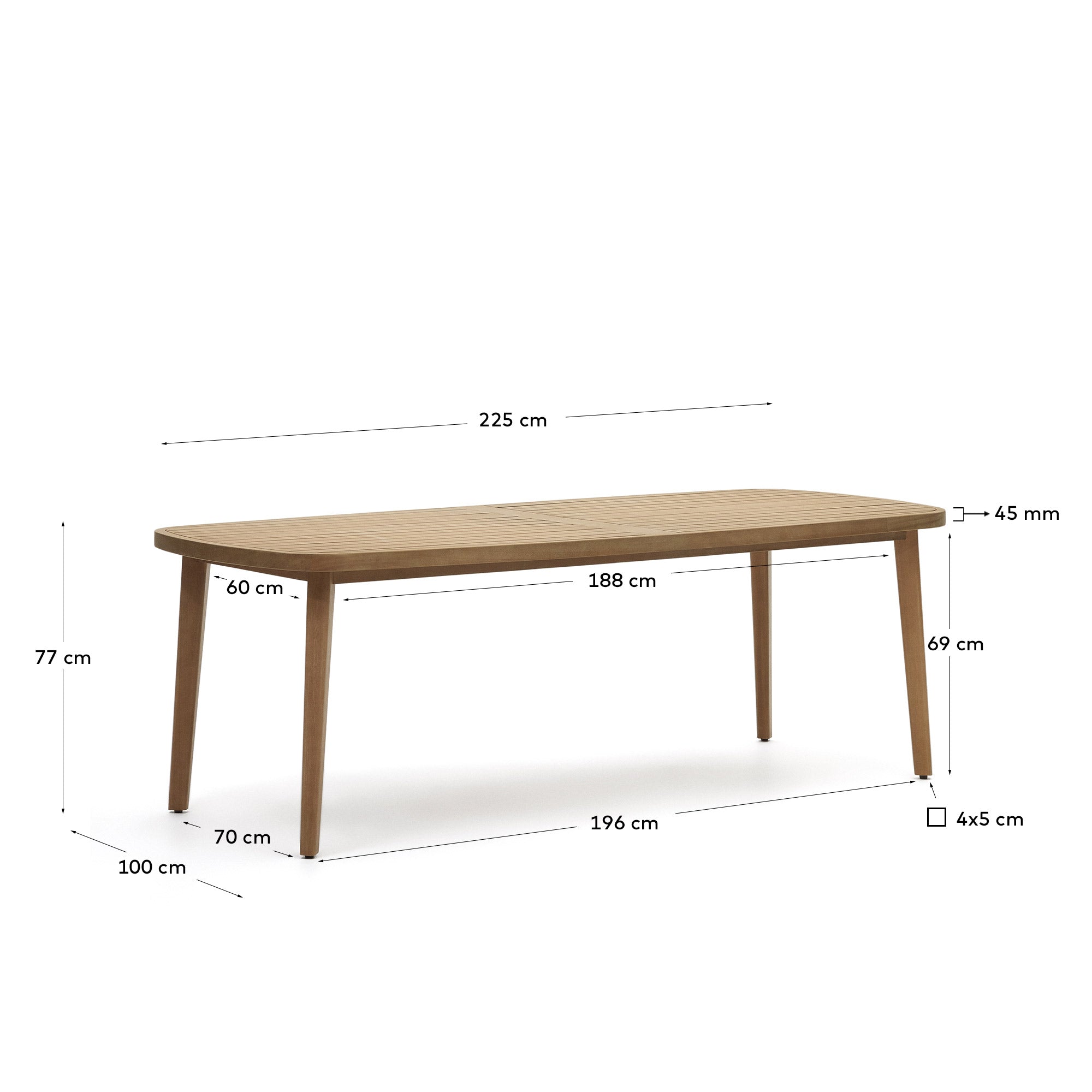 Outdoor-Tisch aus massivem Eukalyptusholz, 225x100 cm, FSC-zertifiziert, ideal für Garten oder Terrasse, robust und elegant.