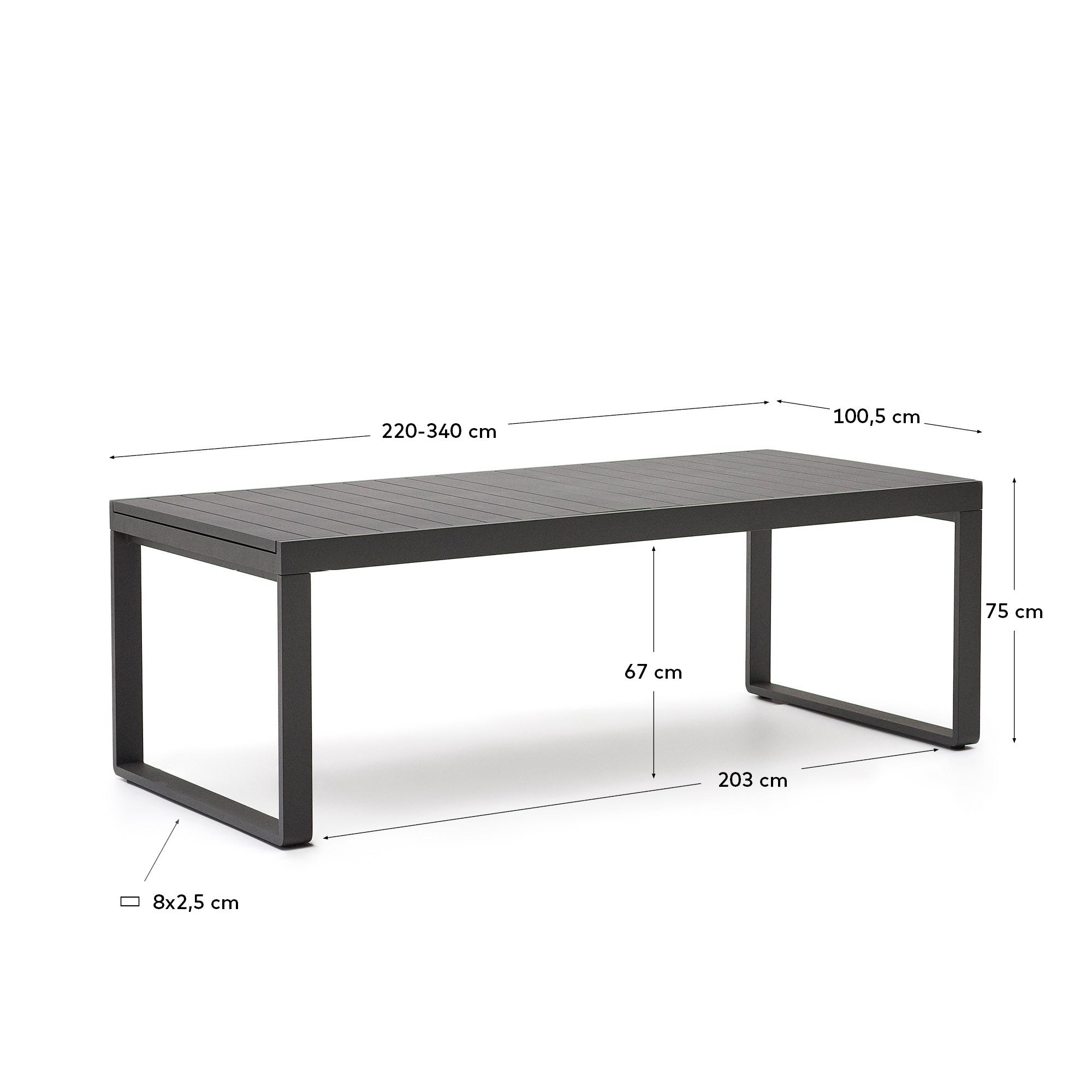Eleganter, ausziehbarer Aluminium-Gartentisch in Dunkelgrau, von 220 auf 340 cm erweiterbar. Ideal für gesellige Zusammenkünfte im Freien.