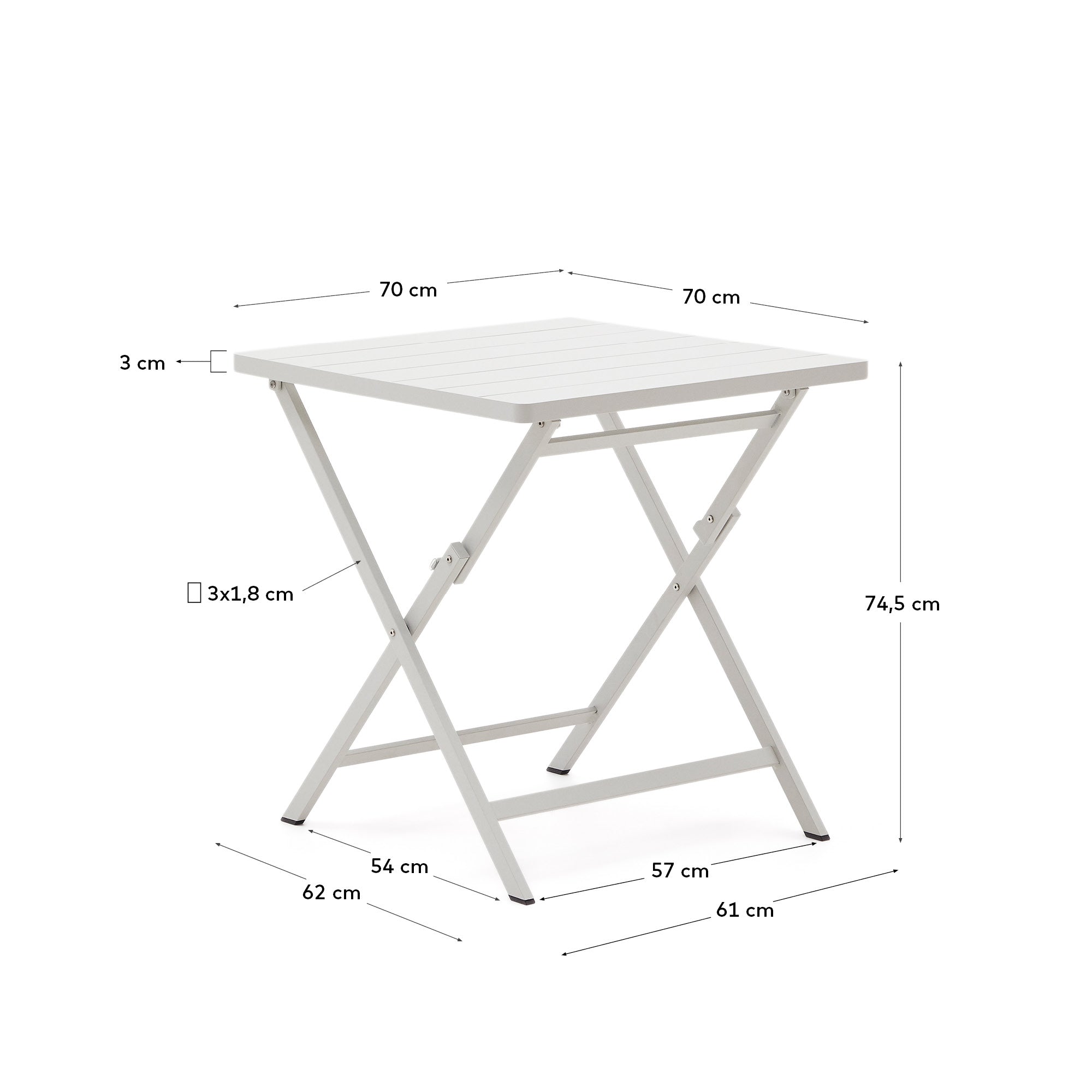 Der Torreta Gartentisch von Kave Home vereint Funktionalität und Stil. Faltbar, wetterfest und perfekt für kleine Terrassen mit seinem hellgrauen Aluminium-Finish.