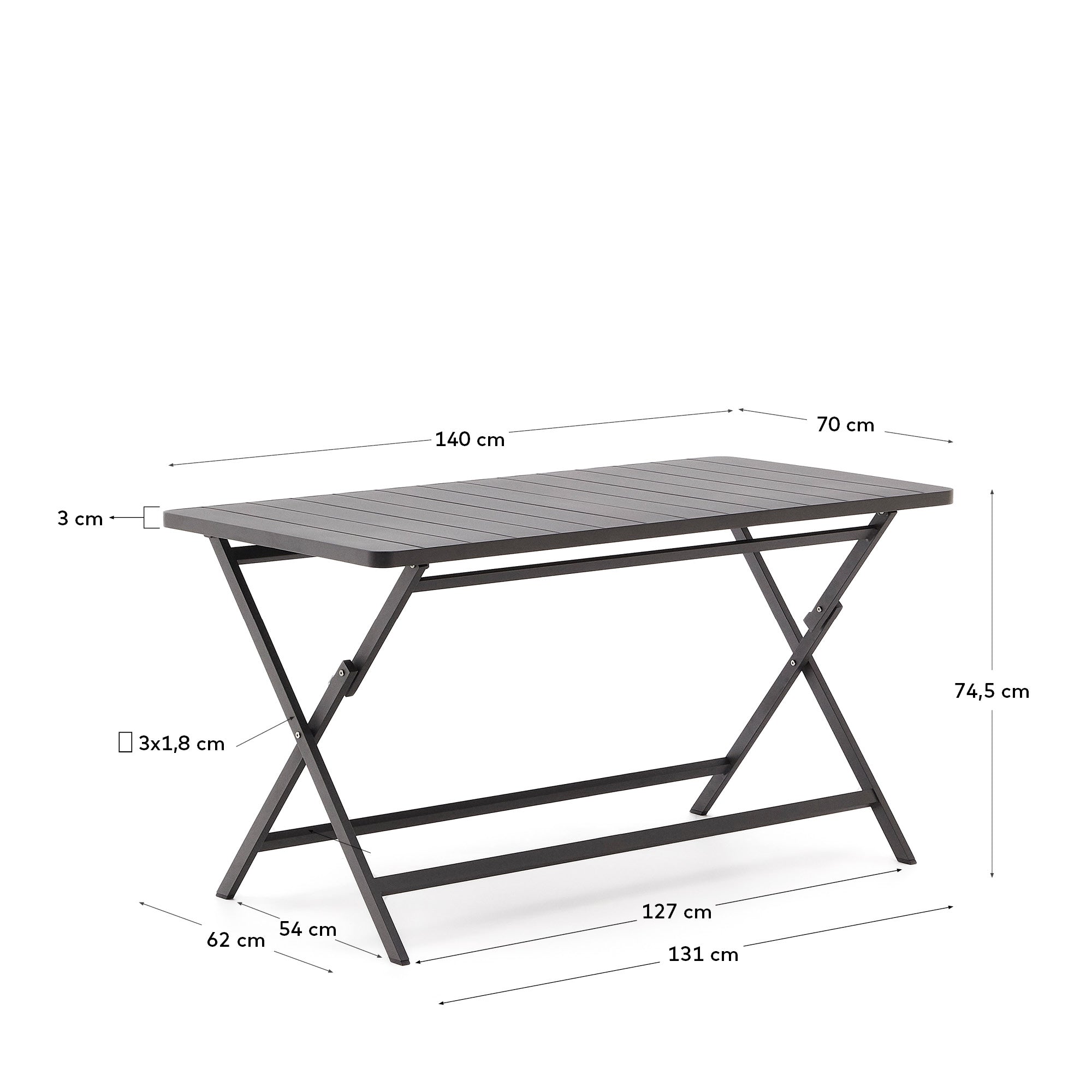 Faltbarer Gartentisch Torreta von Kave Home: 140 x 70 cm, wetterfestes Aluminium in stilvollem Dunkelgrau, perfekt für gesellige Outdoor-Momente.