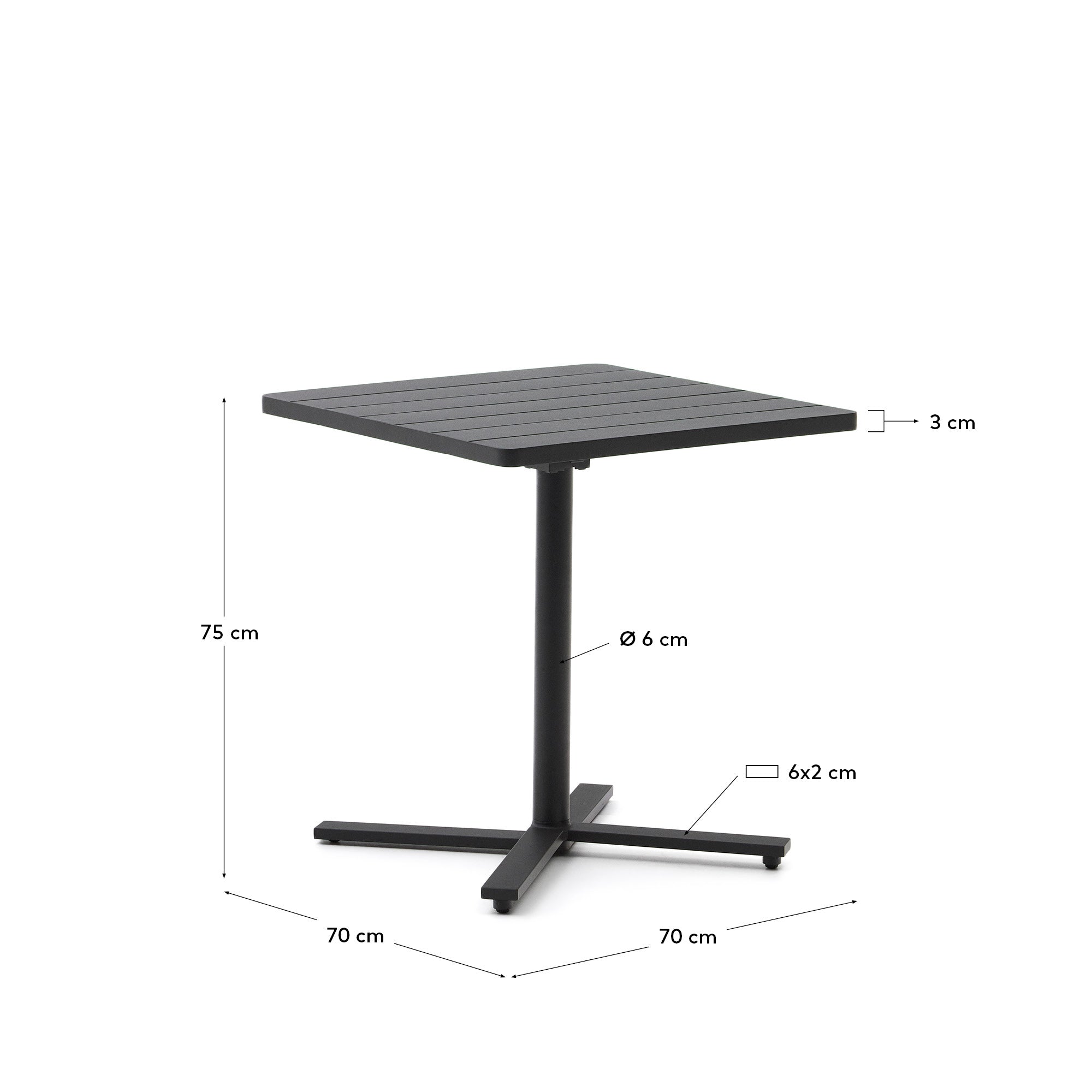 Kompakter, klappbarer Aluminiumtisch Torreta in elegantem Dunkelgrau, 70x70 cm, ideal für Terrasse oder Garten, von Kave Home.