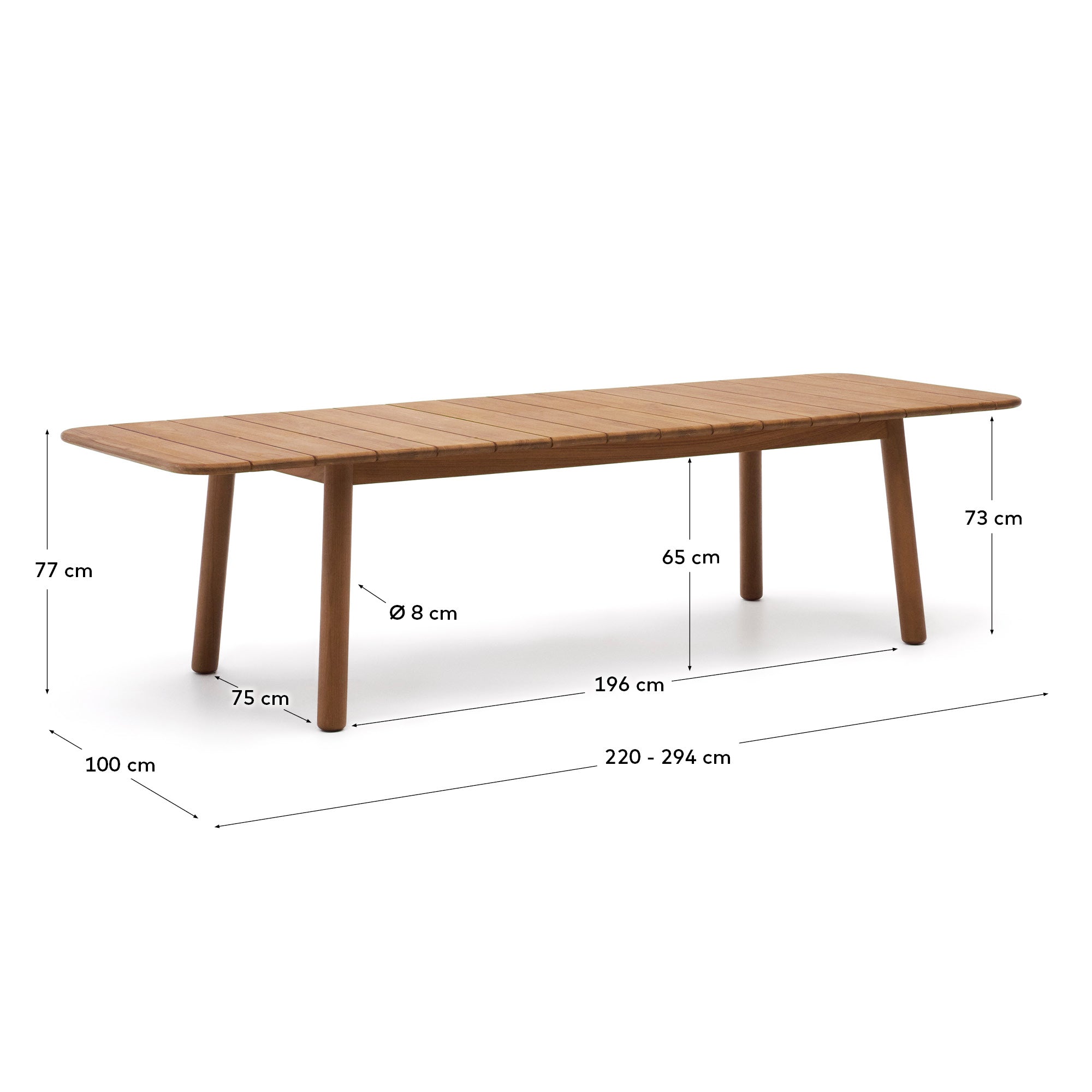 Erleben Sie den Turqueta Outdoor-Tisch aus massivem Teakholz, der sich flexibel von 220 cm auf 294 cm erweitern lässt. Ideal für gesellige Anlässe!