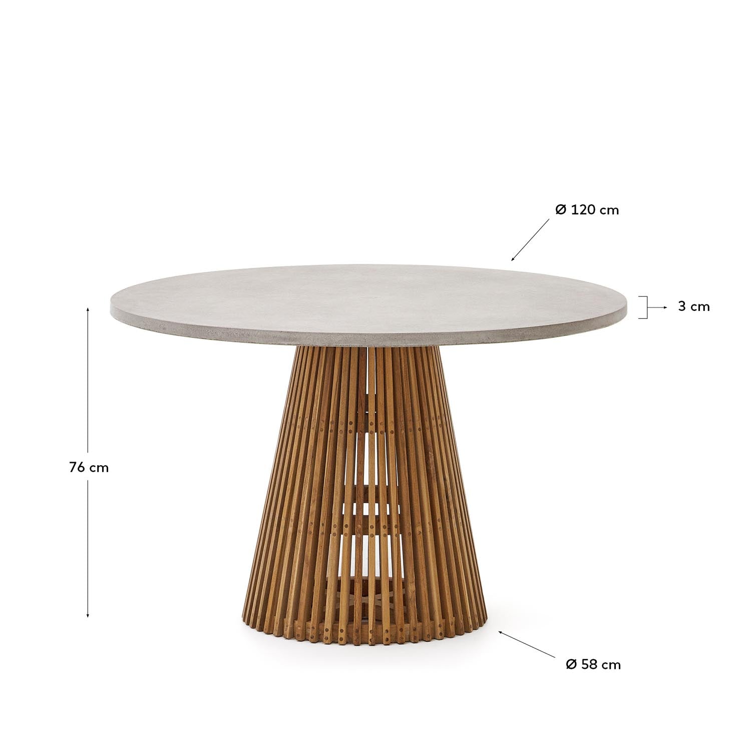 Runder Outdoor-Tisch Alcaufar aus Teakholz und grauem Zement, Ø 120 cm, perfekt für moderne und elegante Außenbereiche.