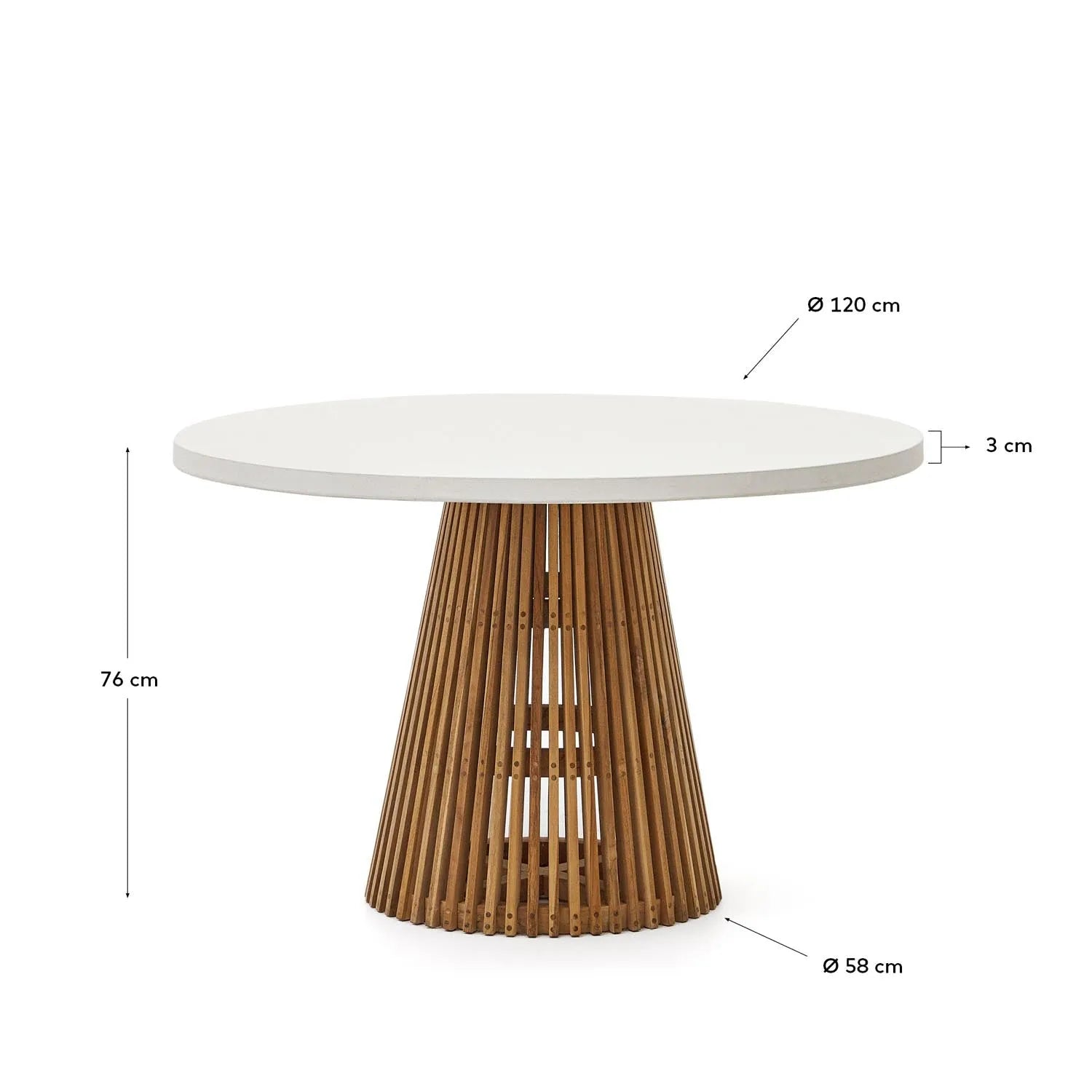 Runder Outdoor-Tisch Alcaufar, Ø 120 cm, aus Teakholz und weißem Zement, perfekt für elegante Außenbereiche.