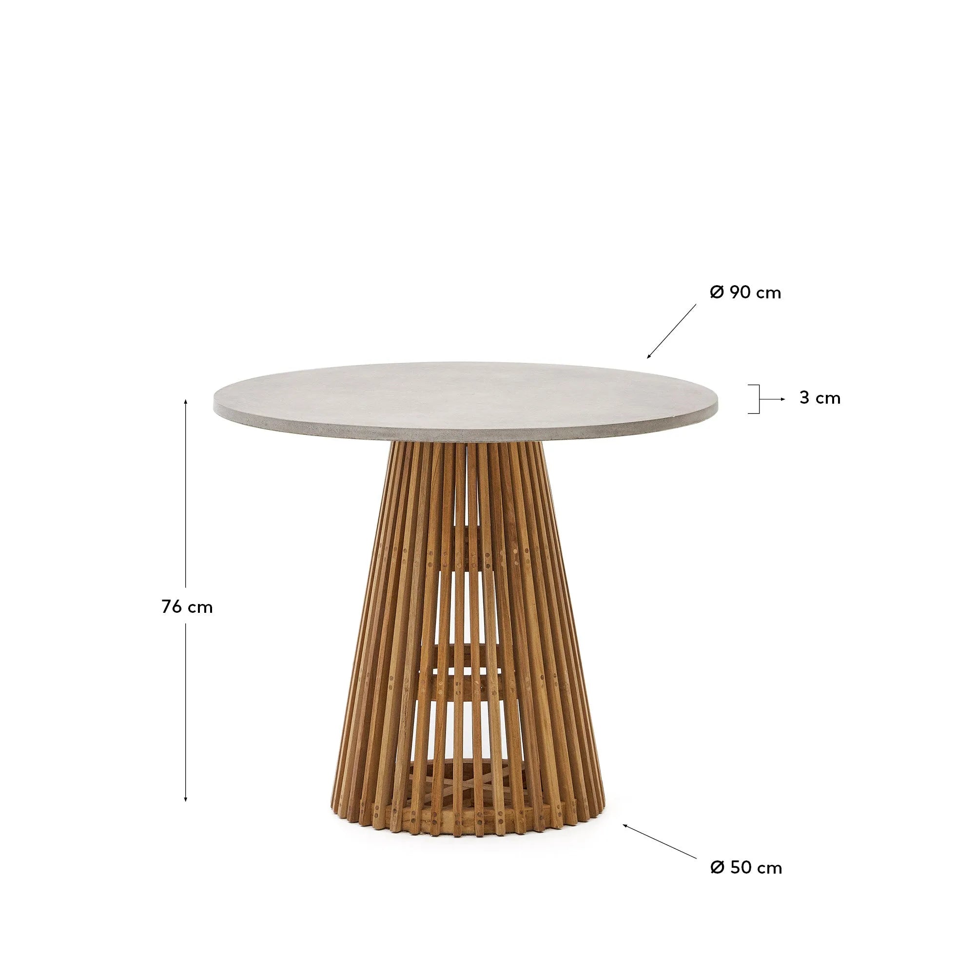 Runder Outdoor-Tisch Alcaufar, Ø 90 cm, aus massivem Teakholz und grauem Zement, perfekt für elegante Außenbereiche.