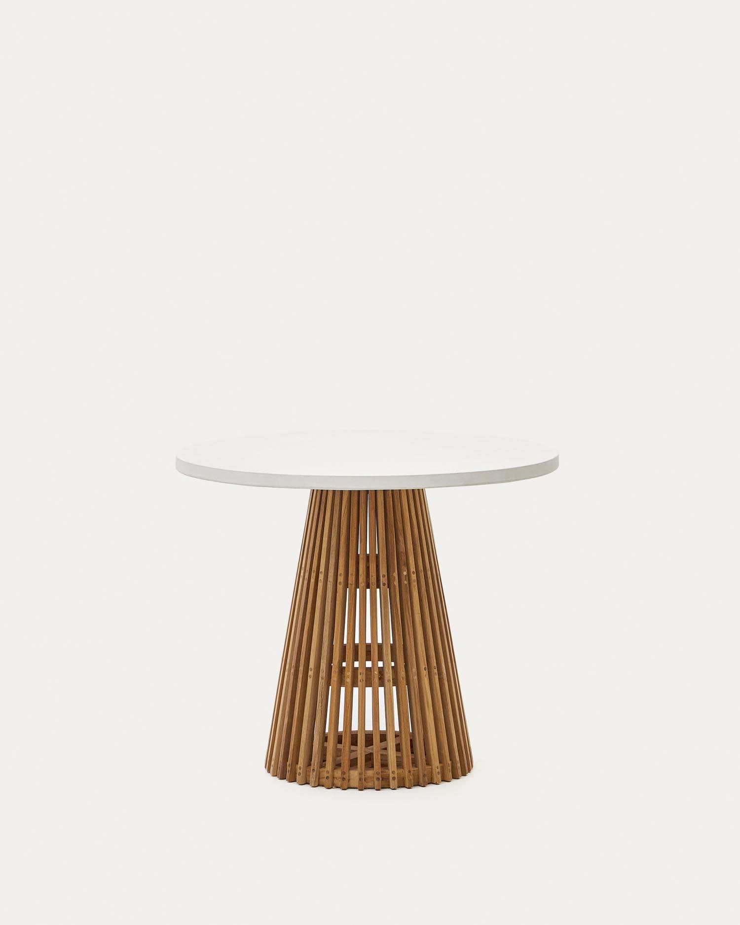 Runder Alcaufar Outdoor Tisch: Teakholz & weißer Zement, Ø 90 cm. Modernes Design, robust & elegant für Garten & Terrasse.