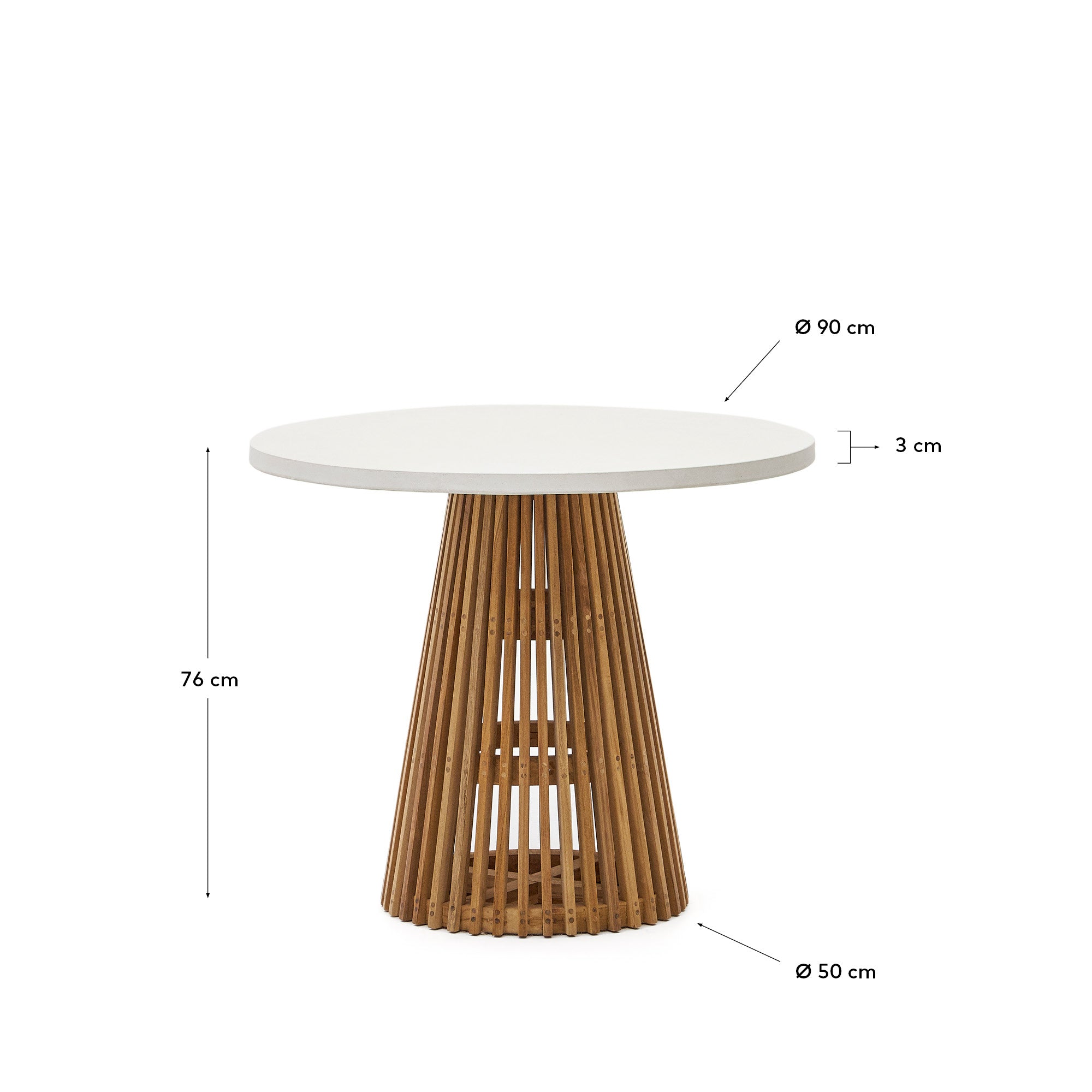 Erlebe den Alcaufar Outdoor Tisch aus massivem Teakholz und modernem weißen Zement. Ø 90 cm, perfekt für gesellige Momente im Freien.