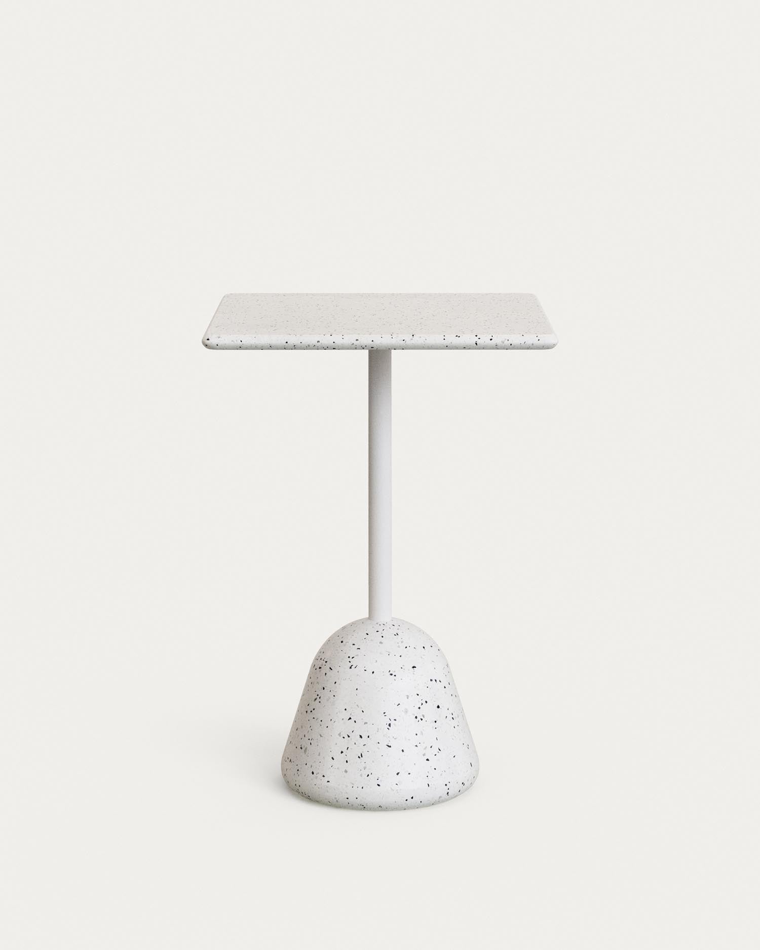 Eleganter Hochtisch aus weissem Terrazzo und Holz, ideal für Garten oder Terrasse. Robust, wetterfest und stilvoll.