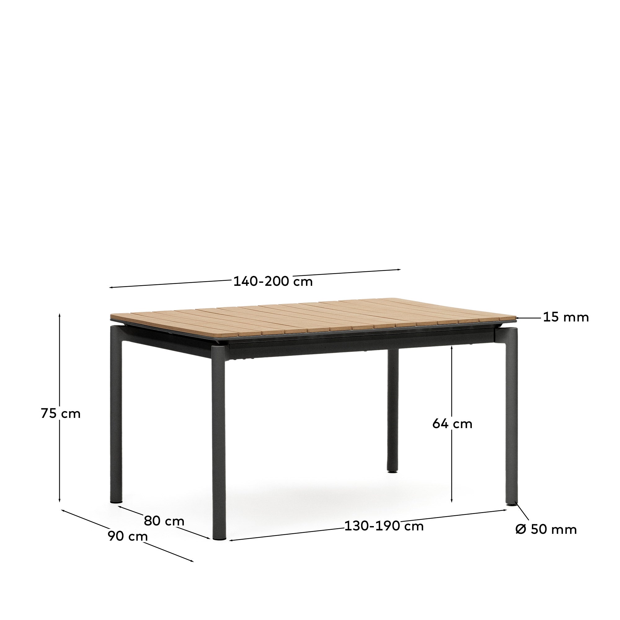 Eleganter Ausziehtisch aus Poly-Holz und Aluminium, wetterfest, erweiterbar von 140 auf 200 cm, ideal für Garten und Terrasse.