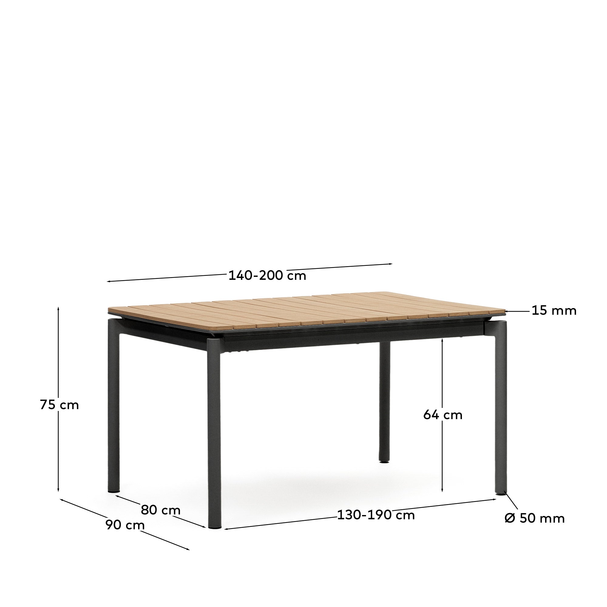 Eleganter Gartenausziehtisch aus langlebigem Poly-Holz und mattschwarzem Aluminium, perfekt für gesellige Anlässe im Freien und wetterbeständig.