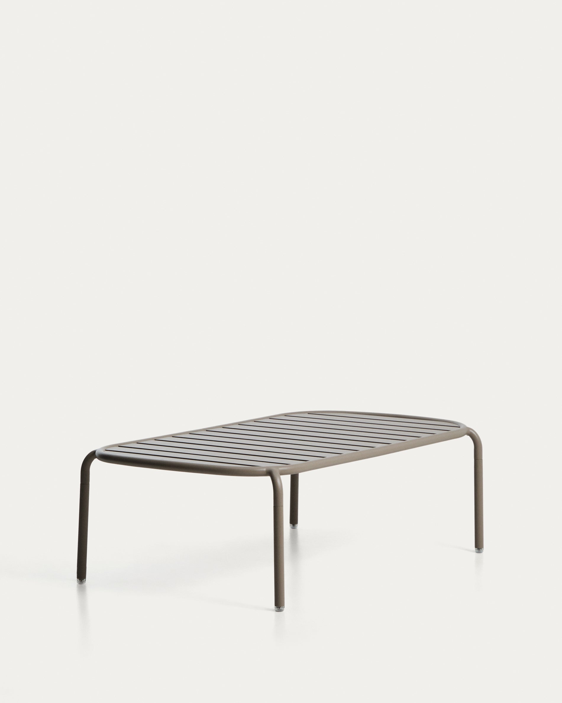 Eleganter Outdoor-Couchtisch Joncols aus robustem Aluminium in stilvollem Taupe, Ø 113 x 65 cm, ideal für entspannte Stunden im Freien.