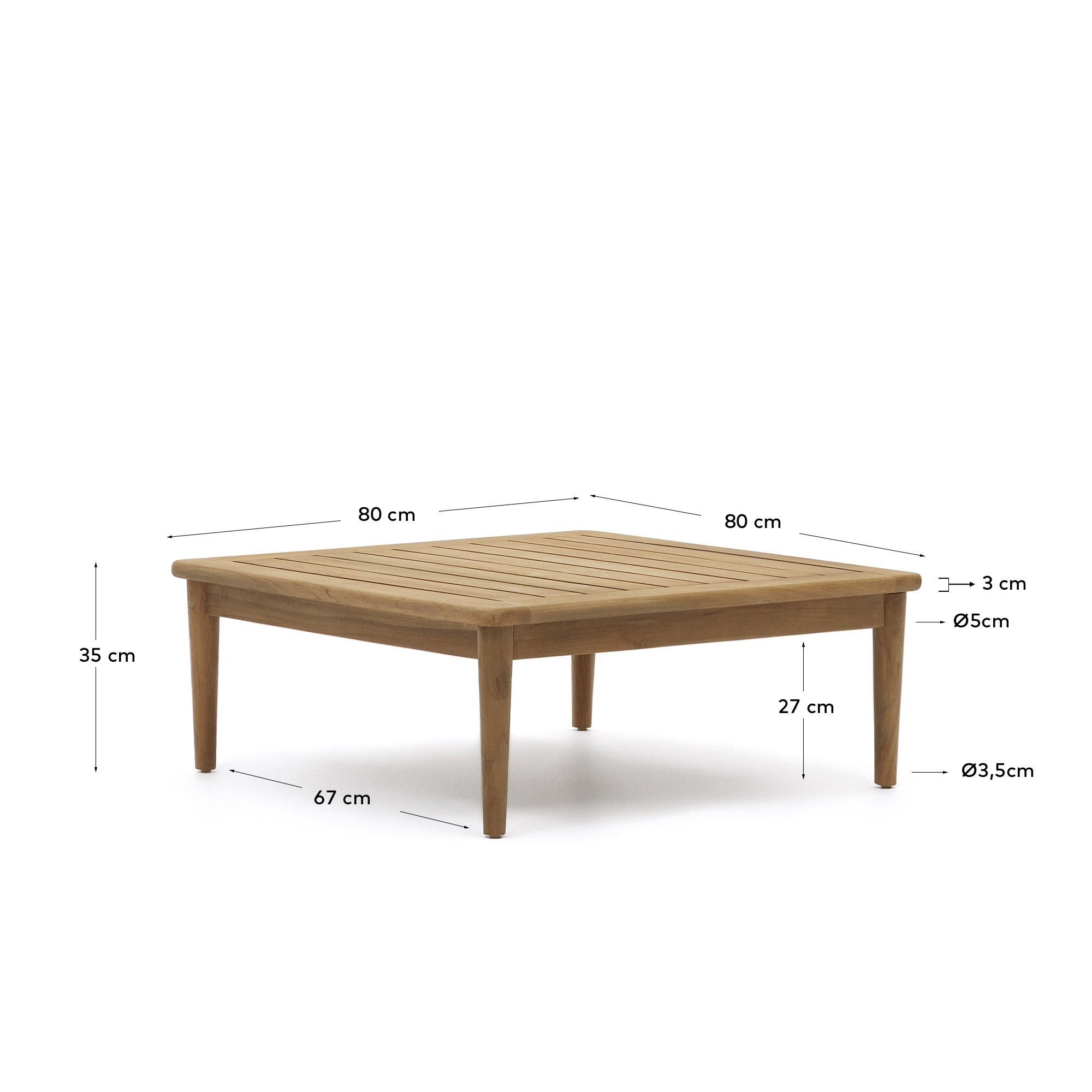 Eleganter Teakholz-Couchtisch, 80x80 cm, wetterfest, ideal für stilvolle Outdoor-Bereiche. Teil der Portitxol-Kollektion.