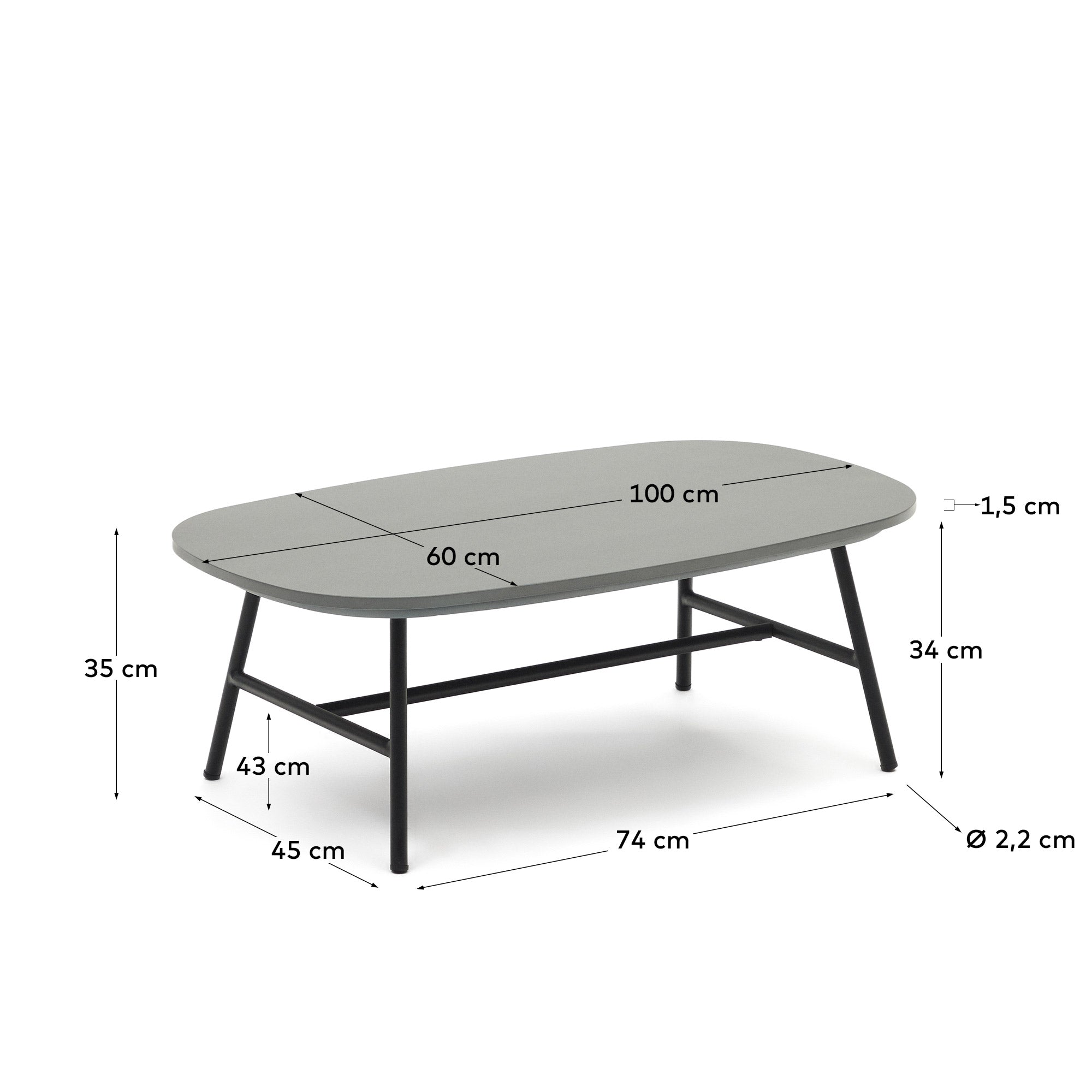 Eleganter Couchtisch aus Stahl und Holz, ideal für Terrassen. Robustes Design mit schwarzem Finish, 100 x 60 cm.