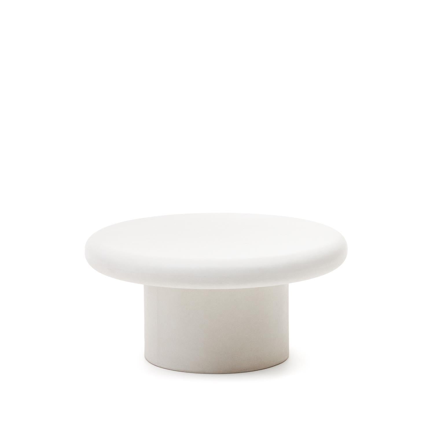 Eleganter Addaia Couchtisch aus weissem Zement, Ø 90 cm, robust, wetterfest, ideal für drinnen und draussen, vielseitig einsetzbar.