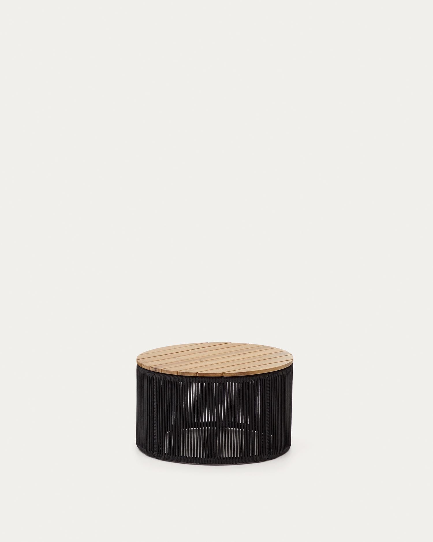 Eleganter Couchtisch Dandara: Stahl, schwarzes Flechtwerk, Akazienholz, Ø60 cm, FSC-zertifiziert, für drinnen & draussen.