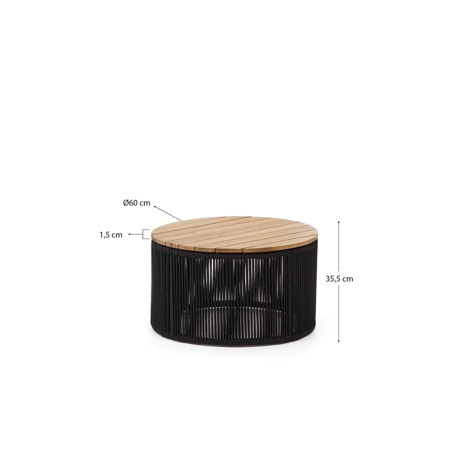 Stylischer Couchtisch Dandara: Ø60 cm, gefertigt aus robustem Akazienholz und elegantem Stahl mit pflegeleichtem Flechtwerk – ideal für drinnen und draußen.
