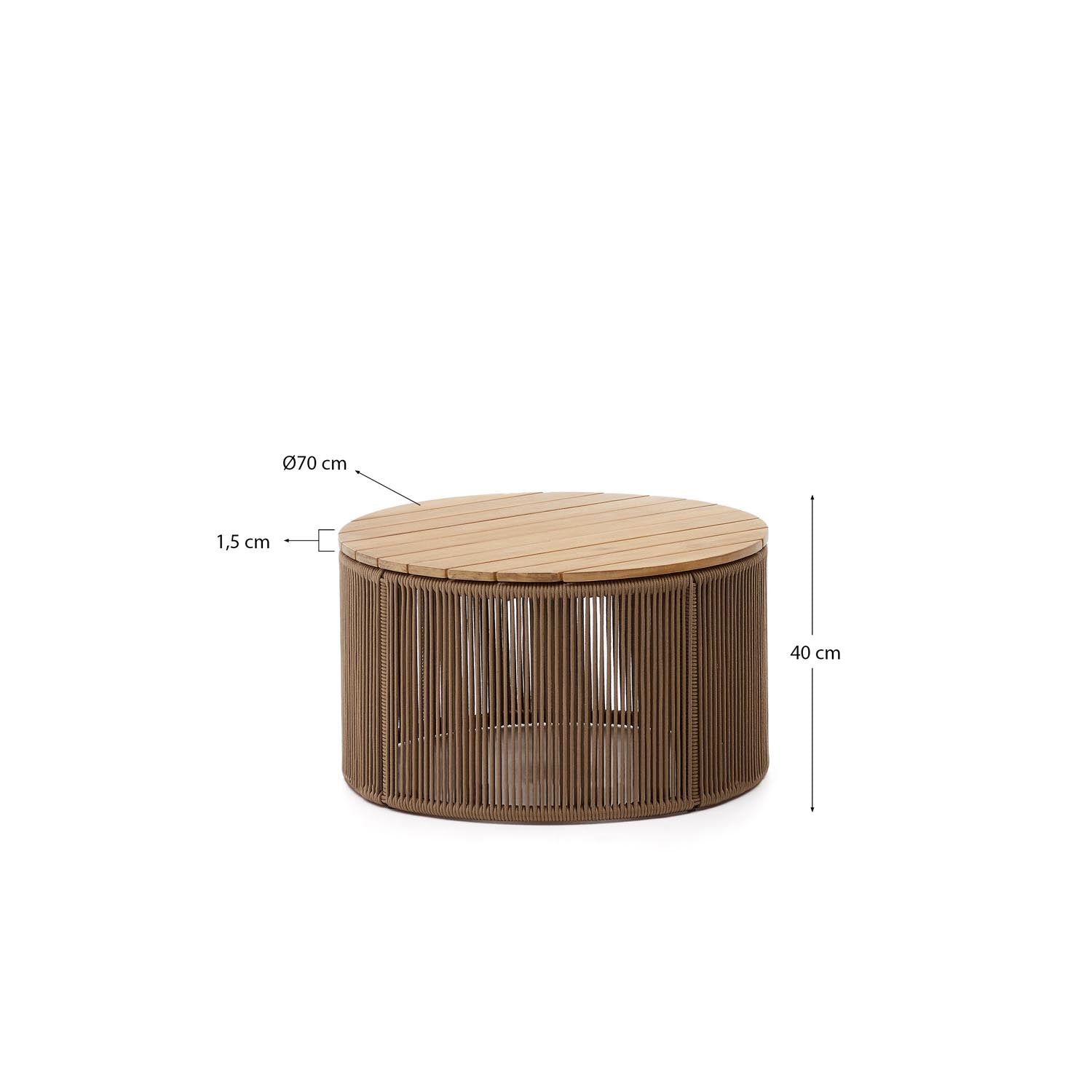 Entdecken Sie den stilvollen Couchtisch Dandara aus robustem Stahl und warmem Akazienholz. Ideal für drinnen und draußen, FSC-zertifiziert.