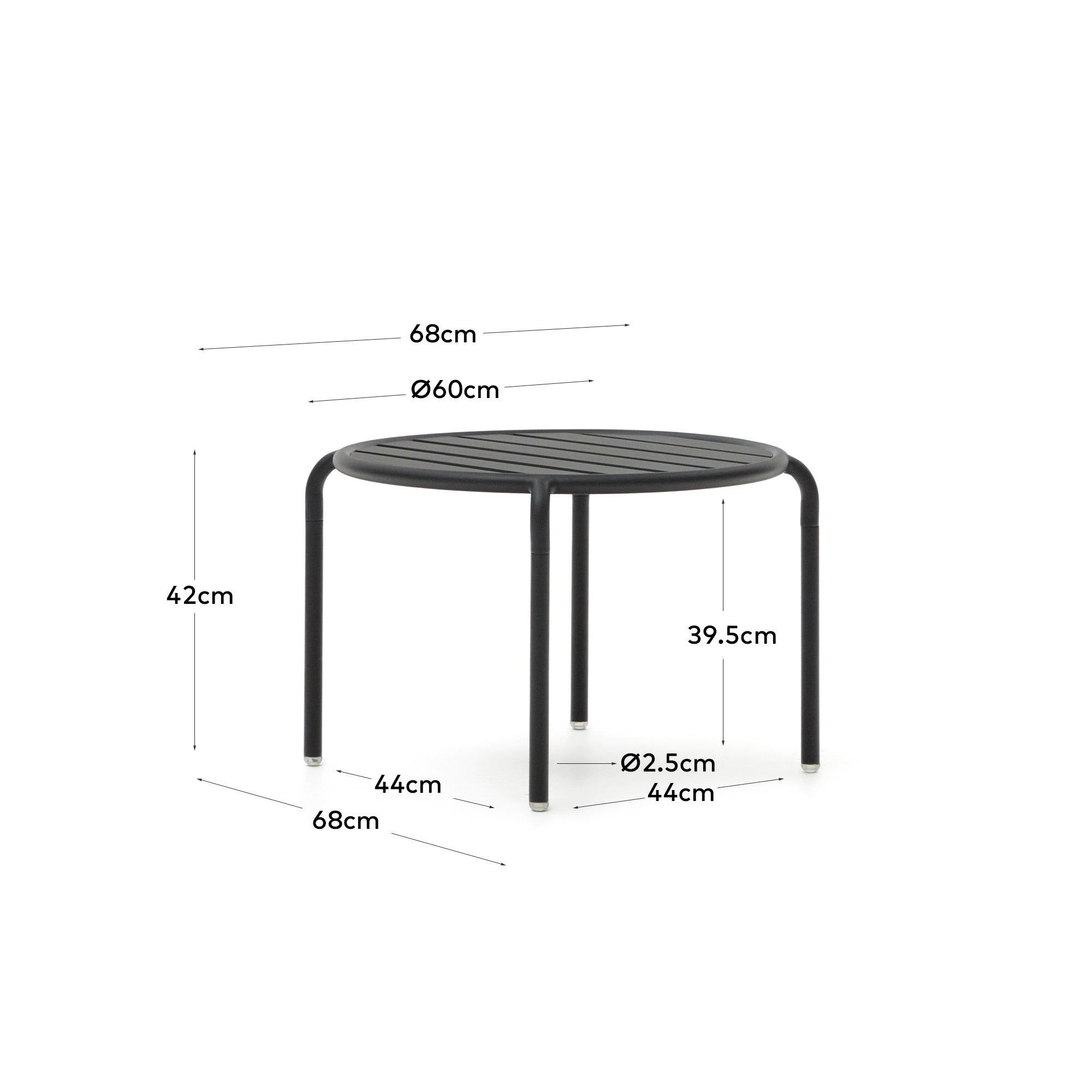 Eleganter, grauer Aluminiumtisch Ø 60 cm, inspiriert von Flusssteinen, ideal für stilvolle Outdoor-Bereiche.