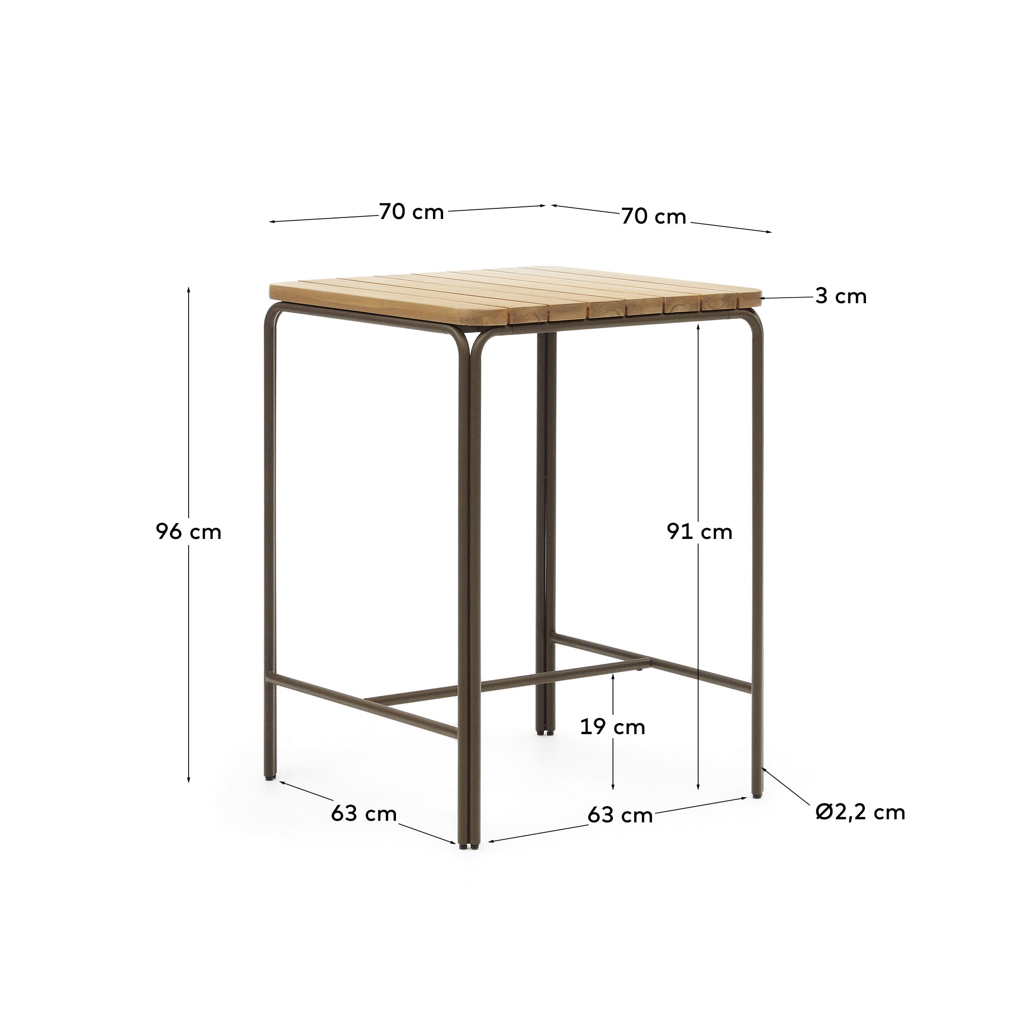Eleganter Hochtisch aus massivem Akazienholz und stabilem Stahl, ideal für stilvolle Outdoor-Bereiche. Wetterfest und nachhaltig, FSC-zertifiziert.