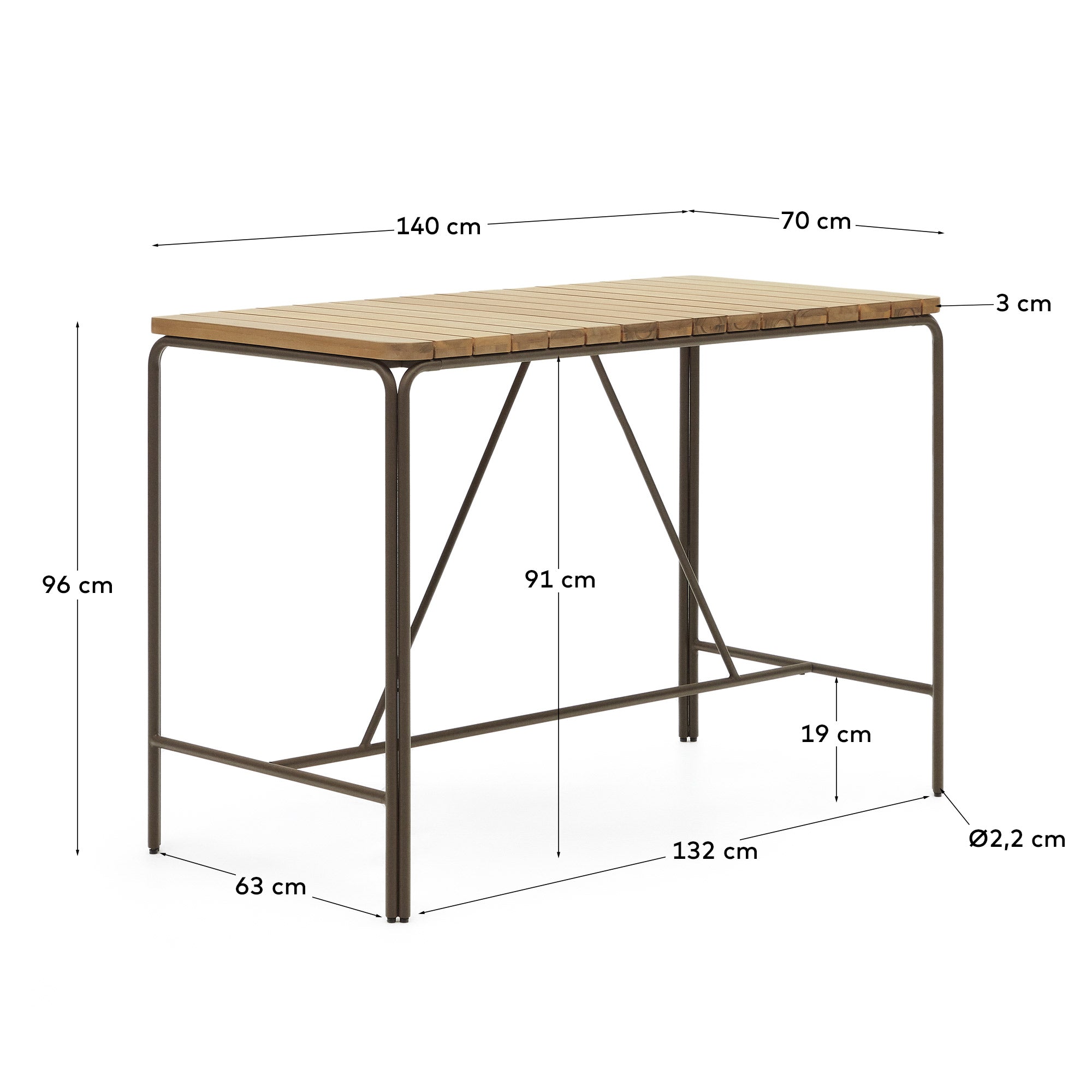 Eleganter Outdoor-Hochtisch aus Akazienholz und Stahl, 140x70 cm, FSC-zertifiziert, für stilvolle Momente.