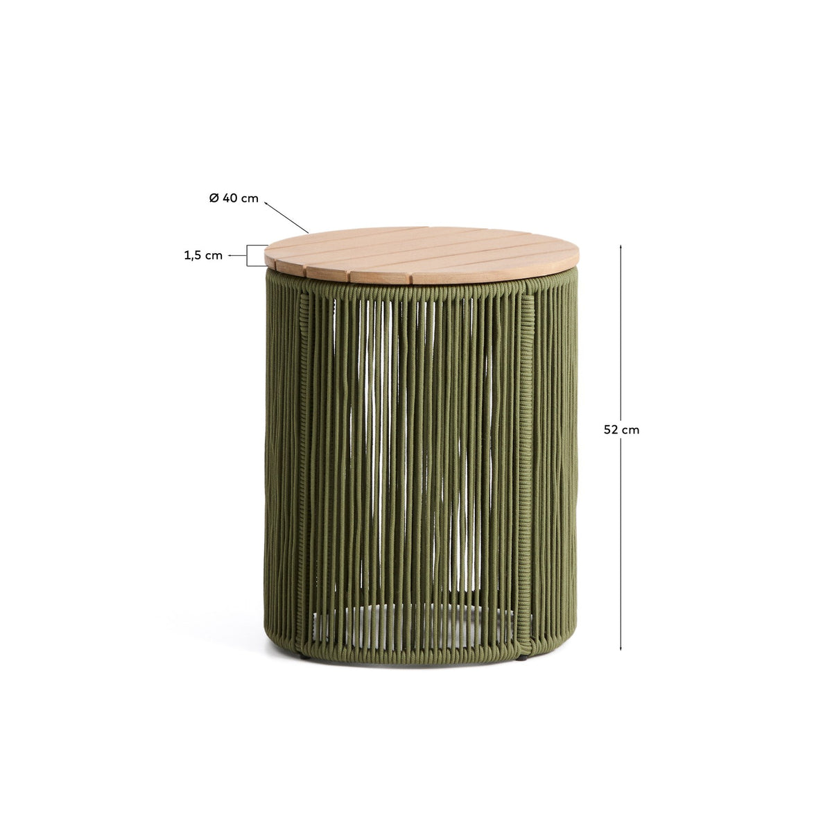 Runder Beistelltisch Dandara mit Stahlgestell, grünem Seilgeflecht und Tischplatte aus massivem Akazienholz, Durchmesser 40 cm, Farbe dunkelgrün.