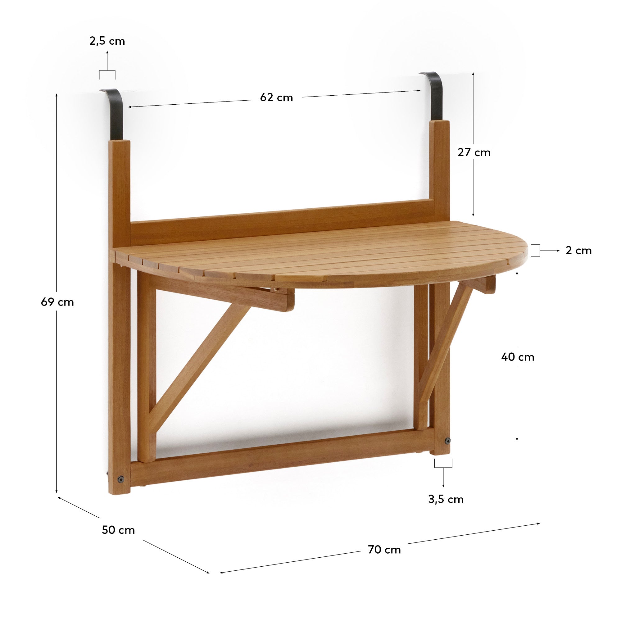 Platzsparender Klapptisch aus FSC-zertifiziertem Akazienholz, ideal für Balkone. Maße: 50x70 cm. Nachhaltig und stilvoll.