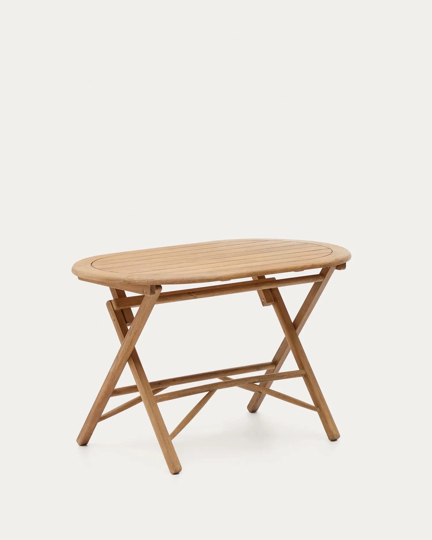 Klapptisch Dandara aus Akazienholz, Ø 120 x 60 cm, FSC-zertifiziert, in Naturoptik. Praktisch, stilvoll und nachhaltig.