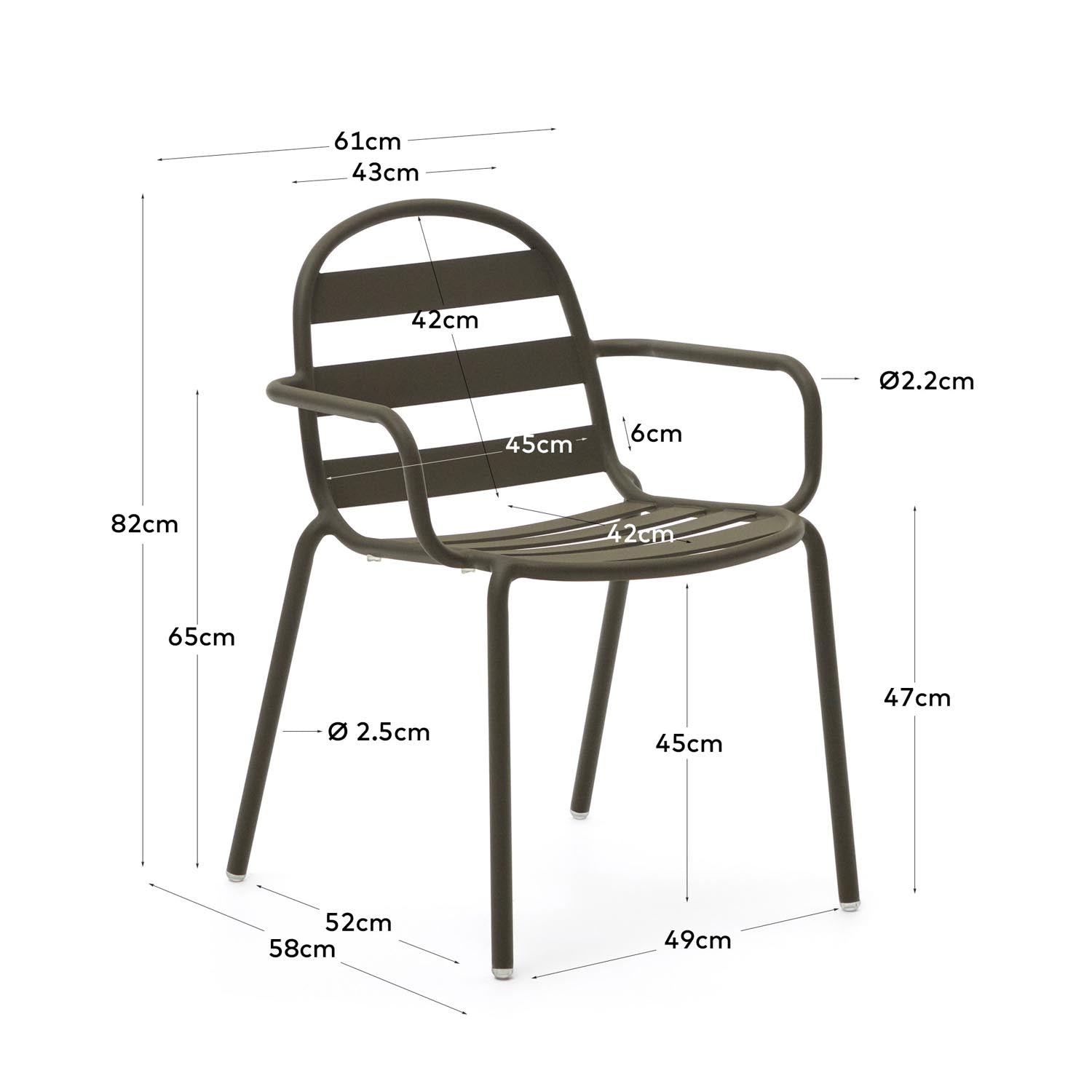 Eleganter, stapelbarer Gartenstuhl aus grünem Aluminium von Kave Home. Ideal für stilvolle Entspannung im Freien.