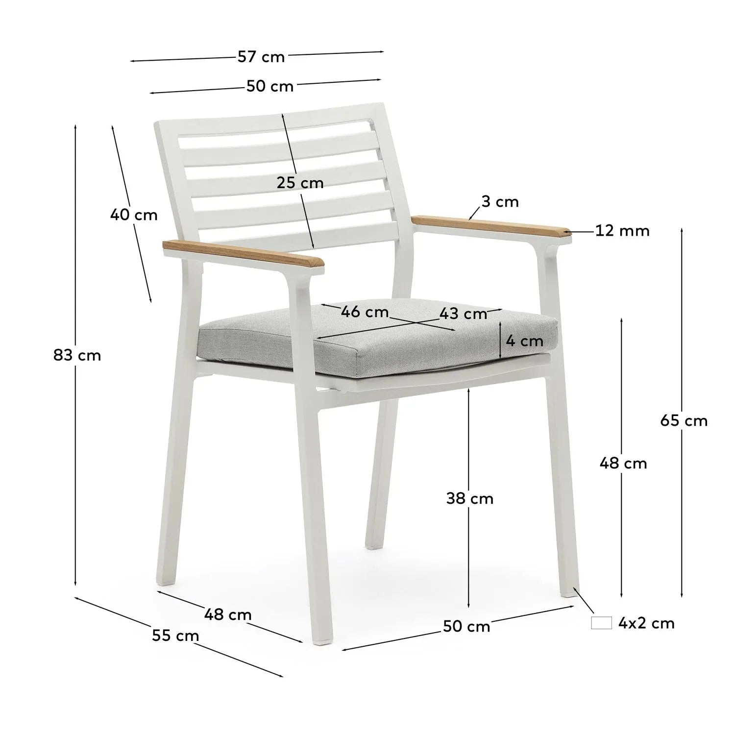 Bona Gartenstuhl: Weißes Aluminium, Teak-Armlehnen, stapelbar.