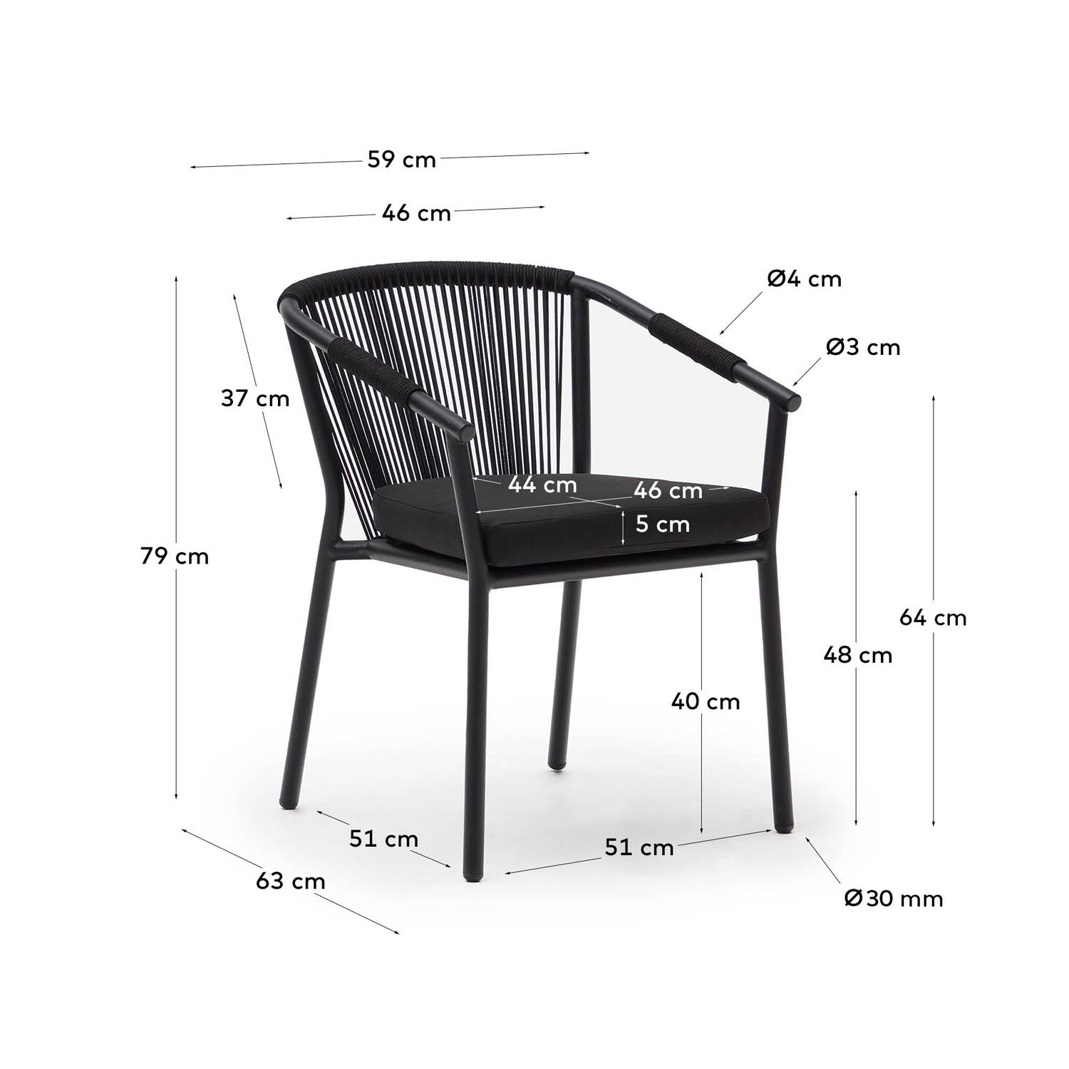 Stilvoller Xelida Gartenstuhl aus robustem Aluminium und geflochtenem Seil in Schwarz. Perfekt für entspannte Stunden im Freien.