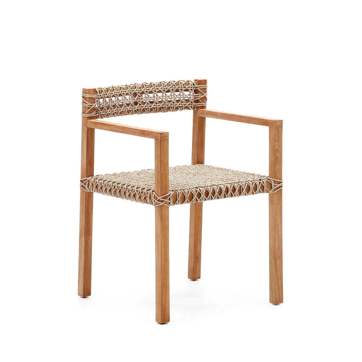 Eleganter Giverola Stuhl aus Teakholz und Korbgeflecht, ideal für stilvolle Innen- und Aussenbereiche. Komfort und Langlebigkeit vereint.